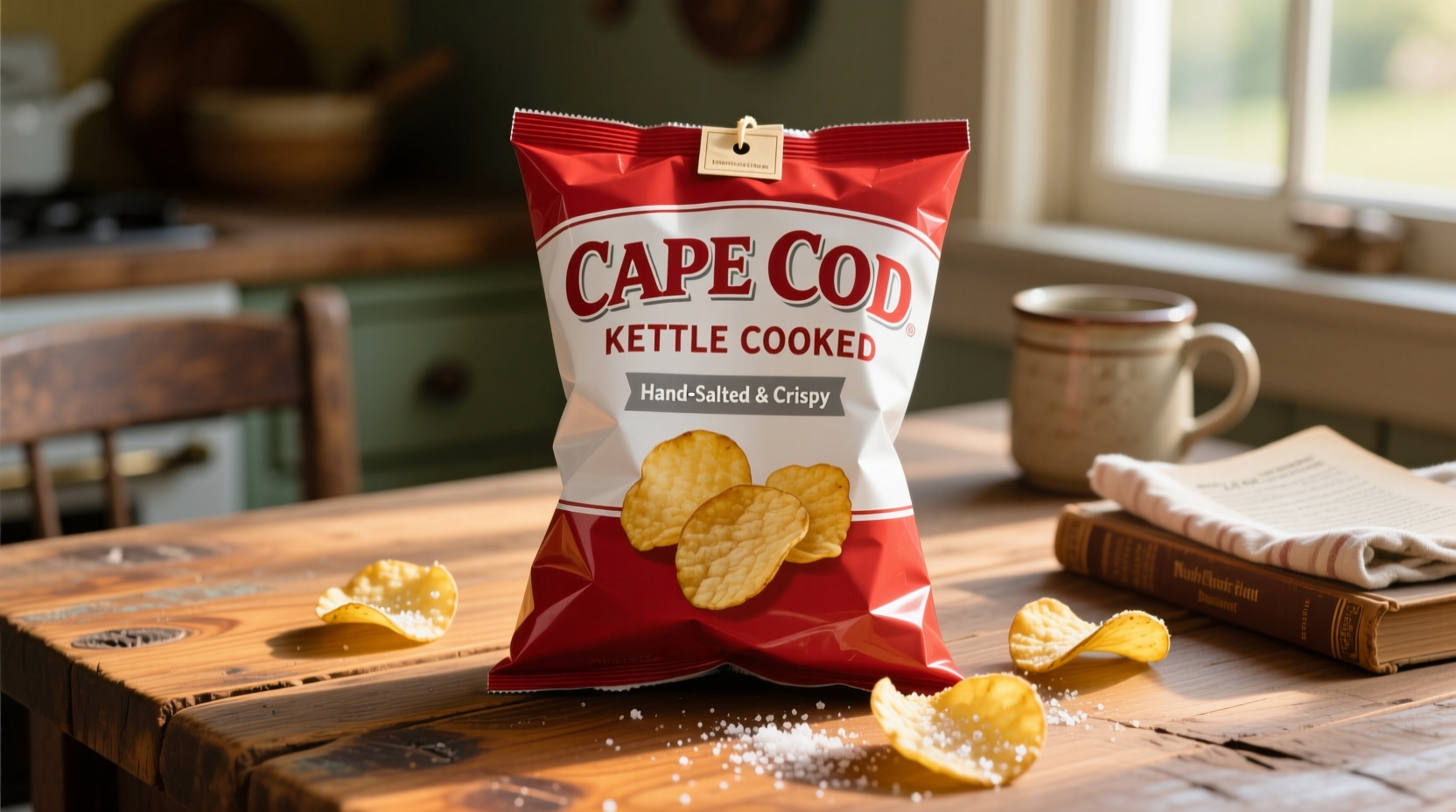 Cape Cod Kettle Cooked Potato Chips bag on wooden table