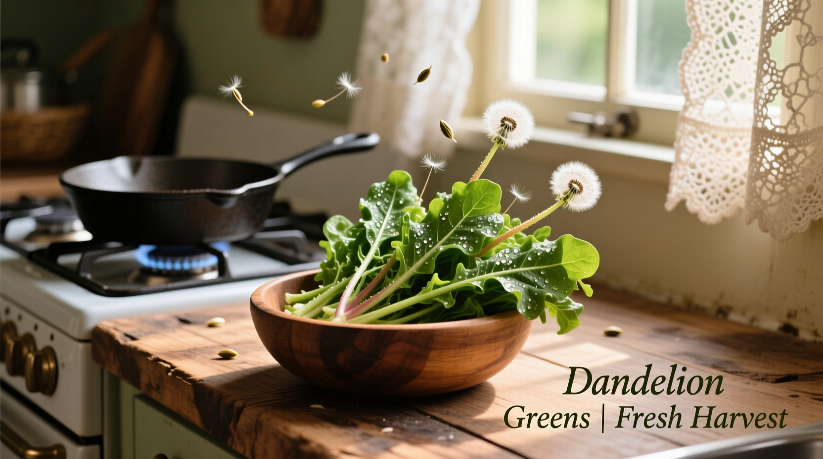 Freshly harvested dandelion greens in a kitchen