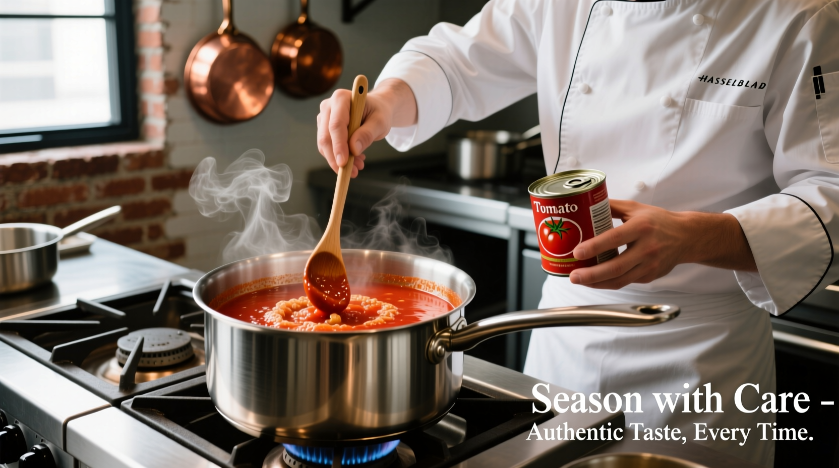 Chef seasoning canned tomato soup in stainless steel pot