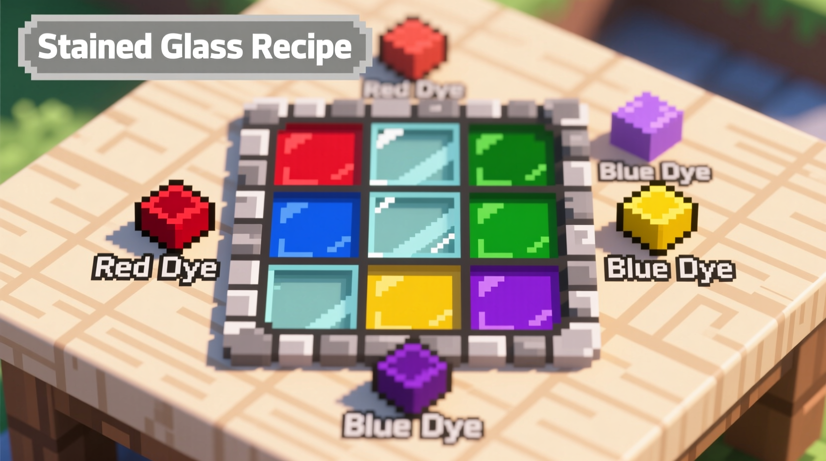 Minecraft crafting grid showing stained glass recipe with dyes
