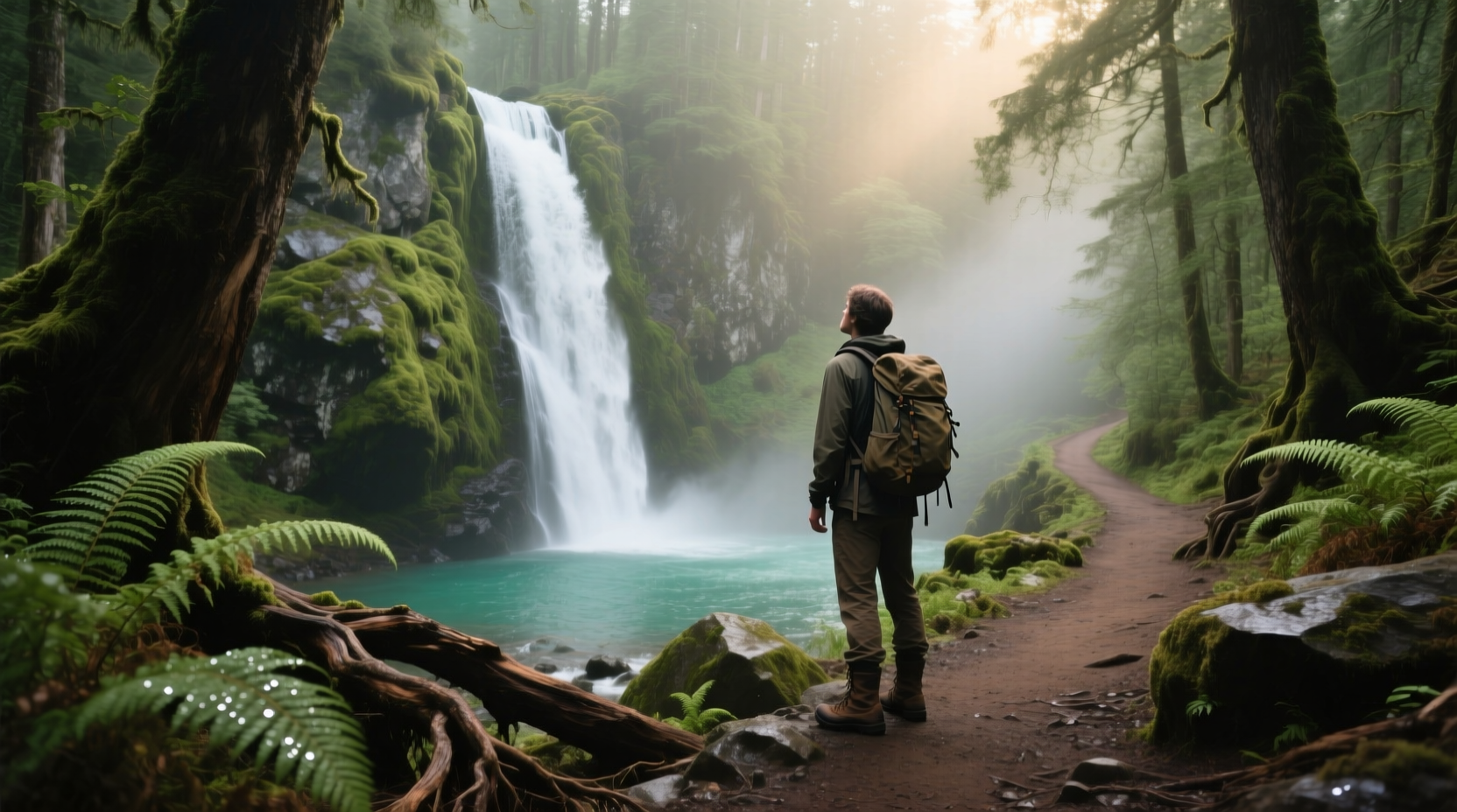 Hiker viewing waterfall along Platte Clove trail
