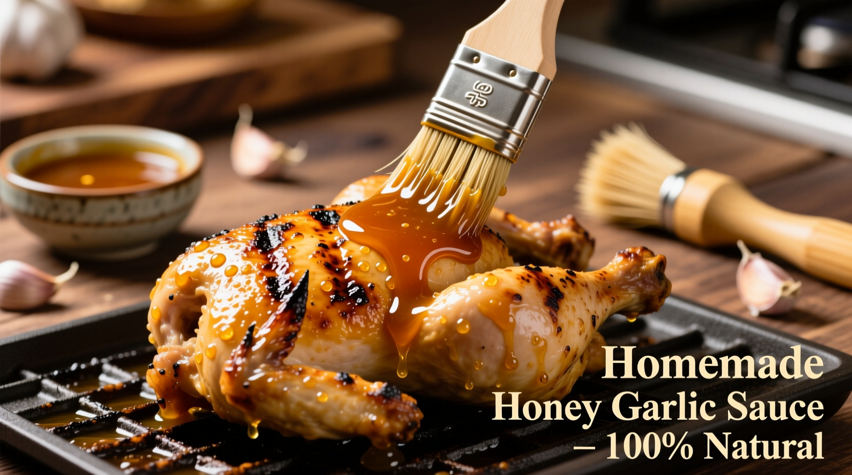 Homemade honey garlic sauce being brushed on grilled chicken