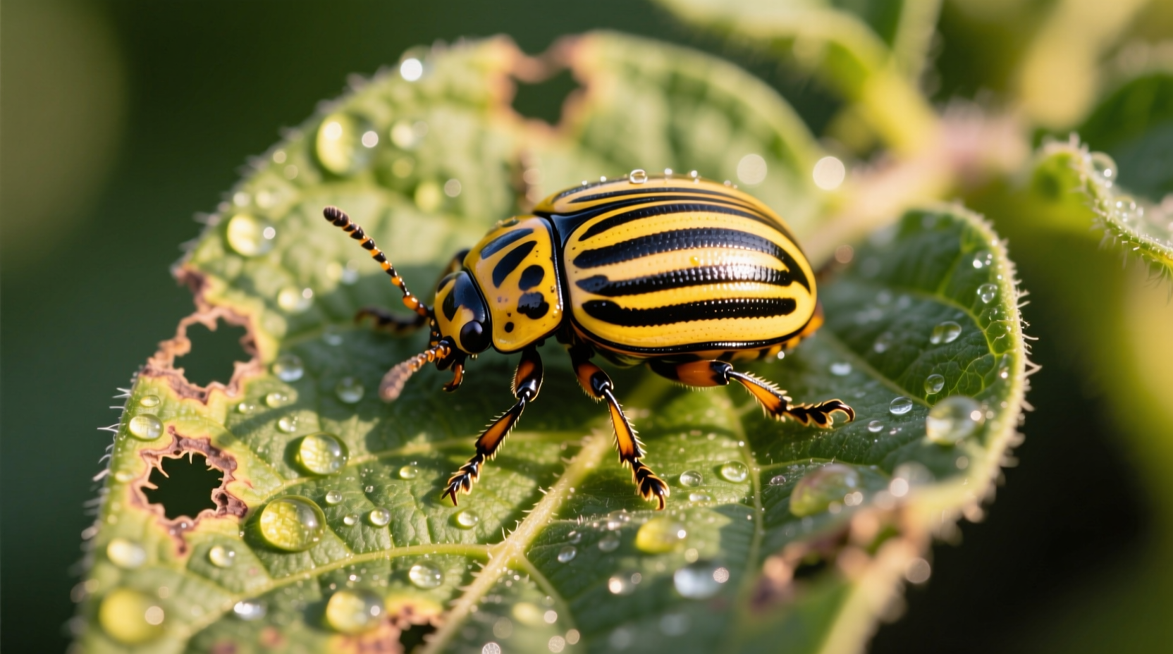 Colorado potato beetle on potato leaf showing distinctive stripes