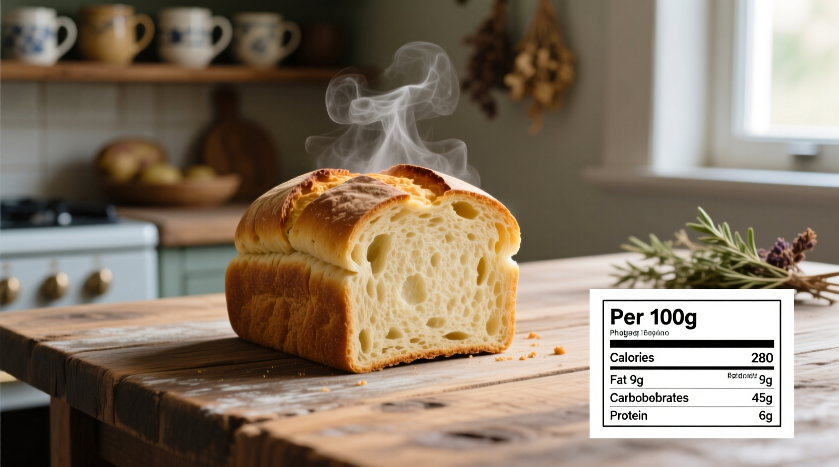 Slice of potato bread with nutritional information chart