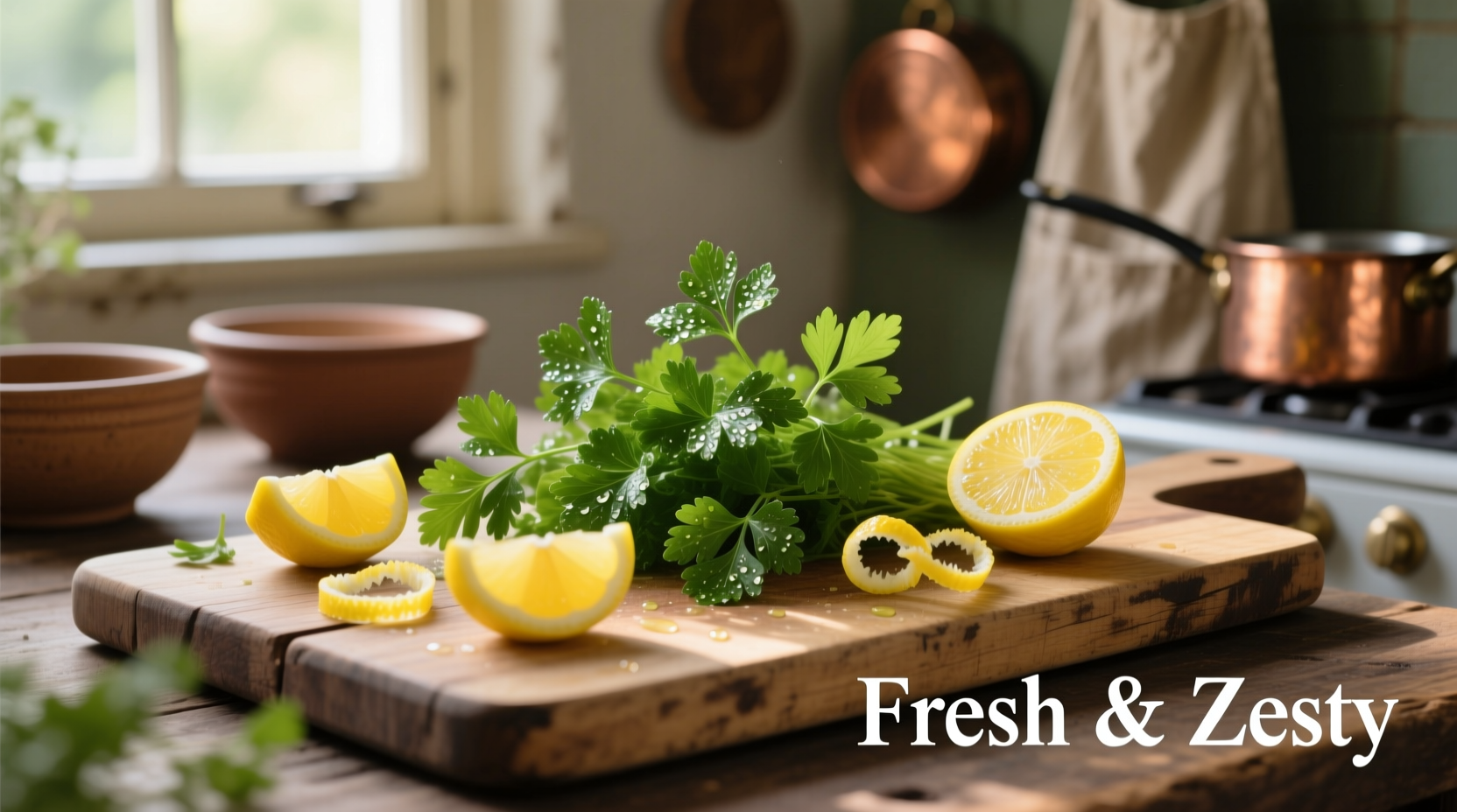 Fresh parsley and lemon slices on wooden cutting board