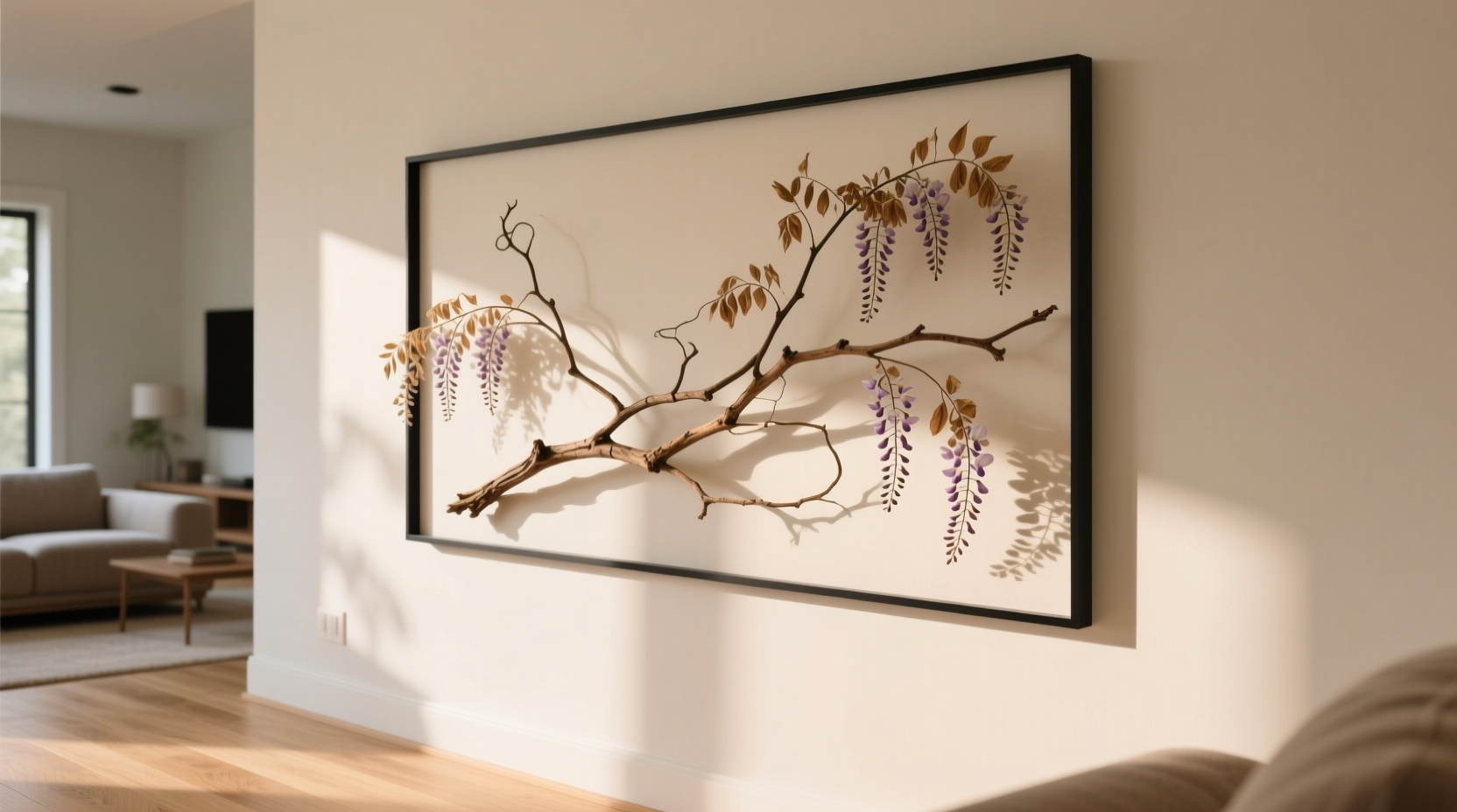 Dried wisteria branches arranged as wall art in modern home