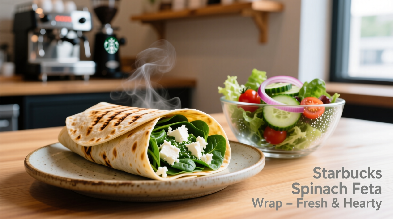 Starbucks Spinach Feta Wrap on a plate with side salad