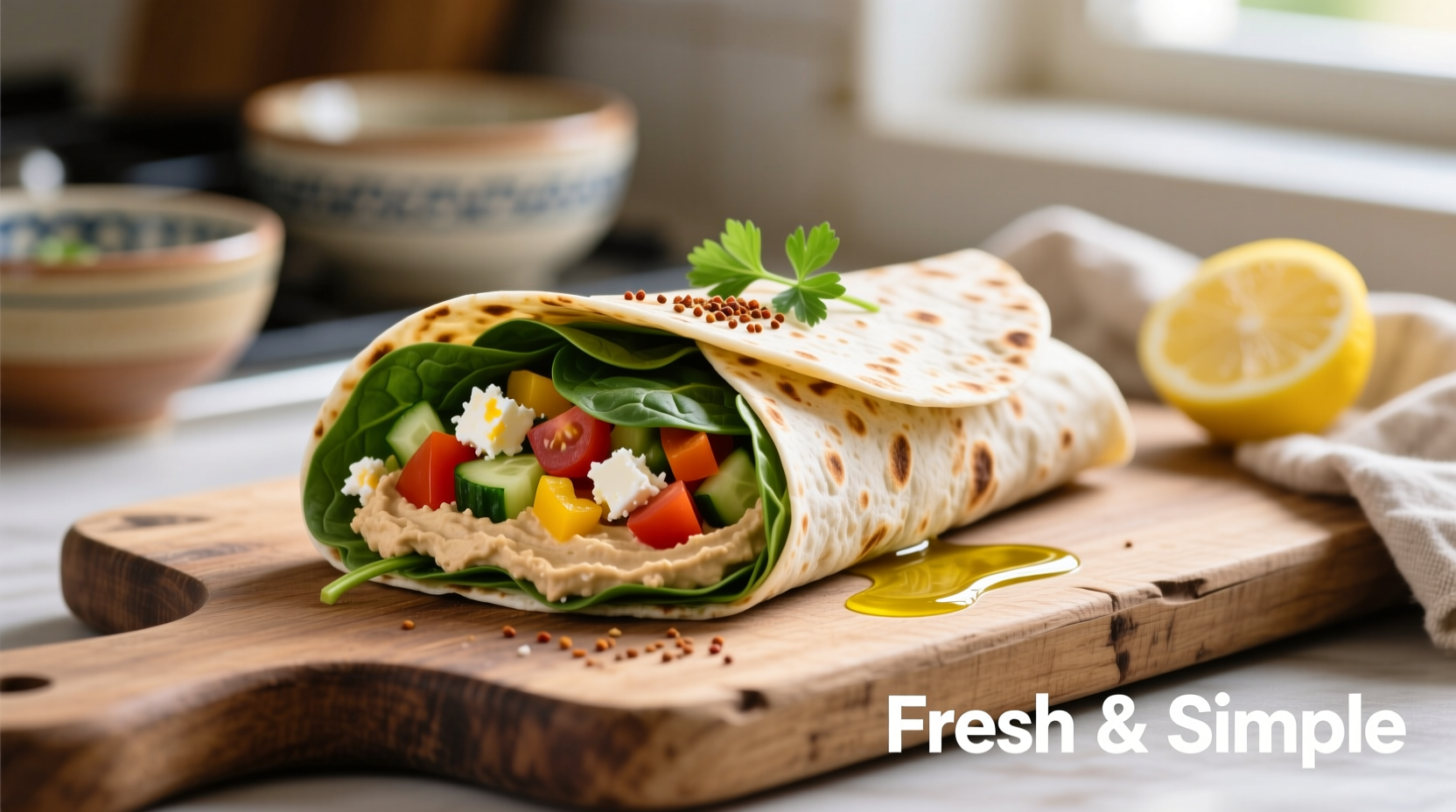 Fresh spinach and feta wrap with hummus and vegetables