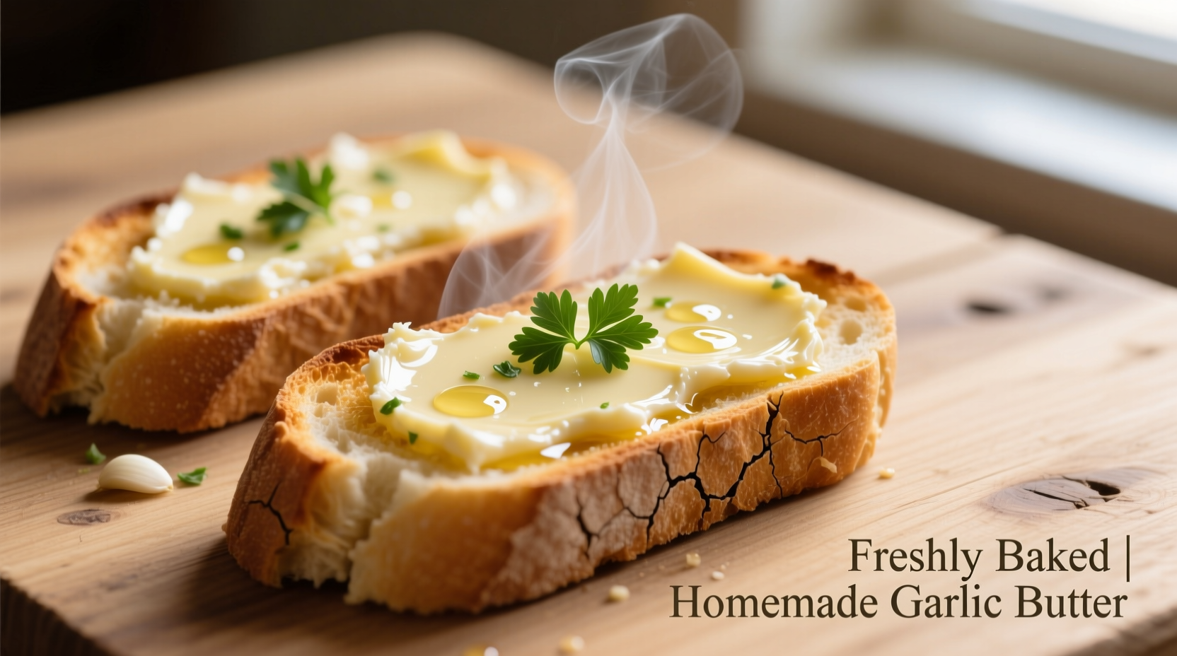 Homemade garlic butter spread on warm baguette slices