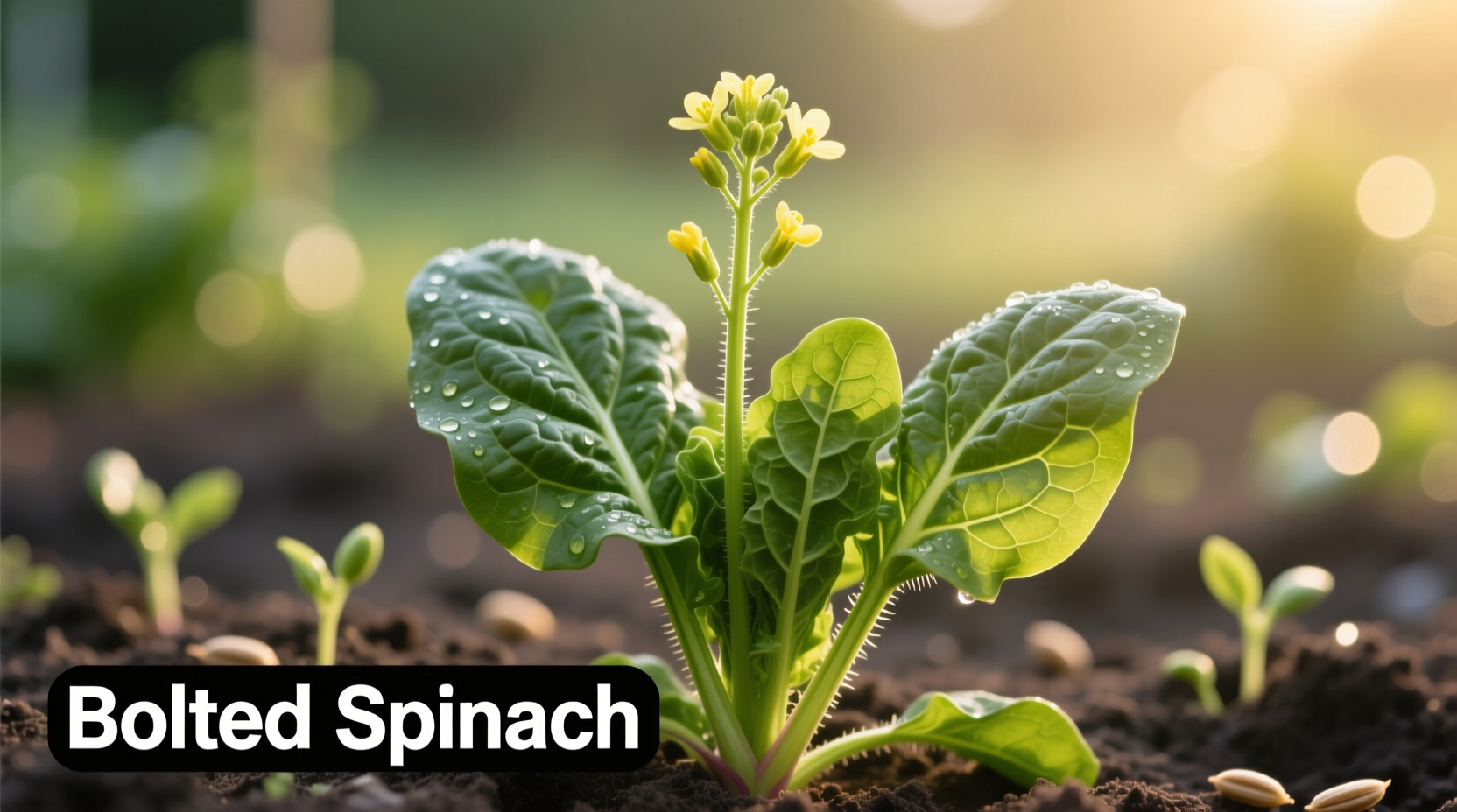 Close-up of bolted spinach showing flower stalk