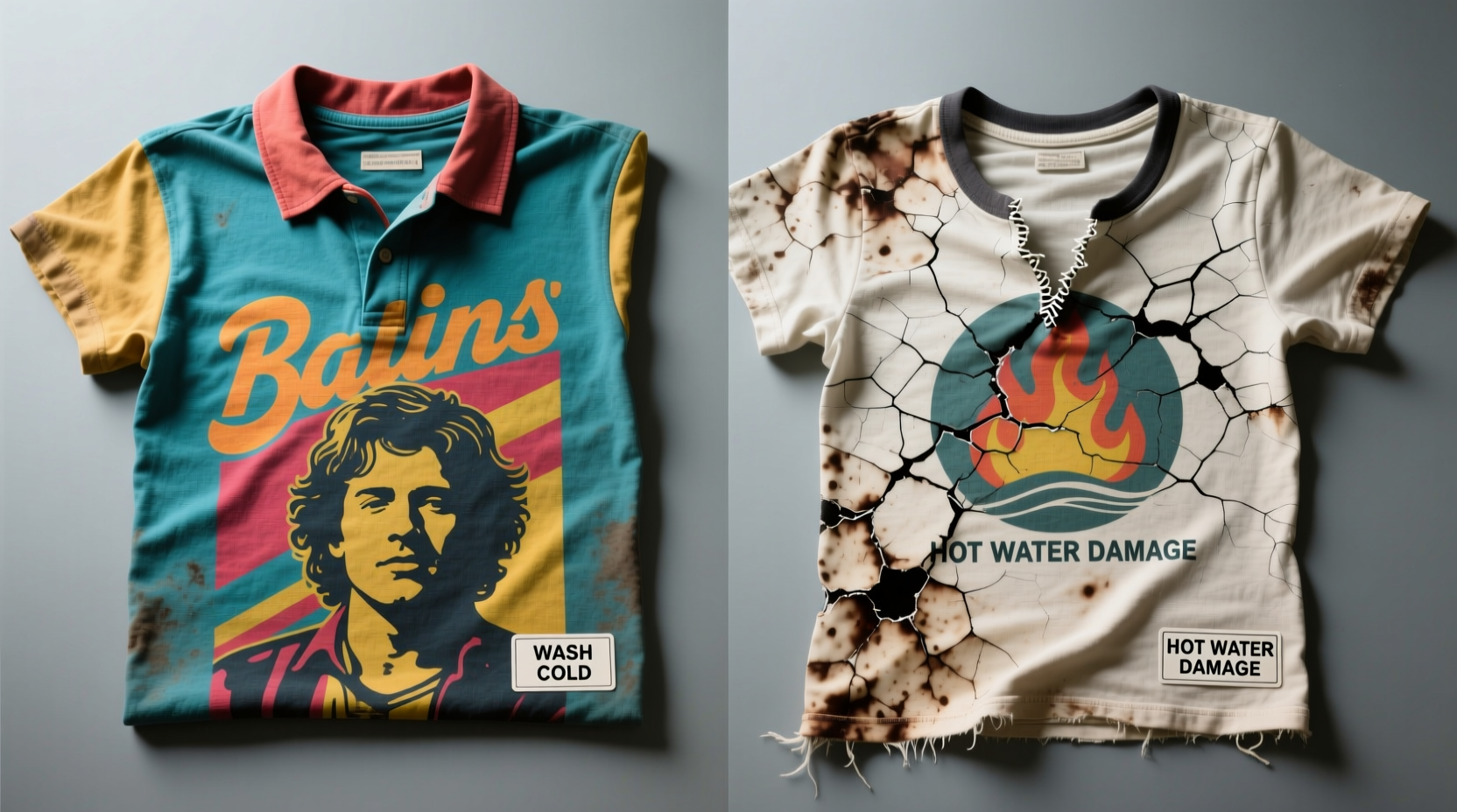 Side-by-side comparison: a vintage band tee washed correctly (vibrant print, crisp collar) next to one damaged by hot water (cracked ink, stretched neckline, faded colors)
