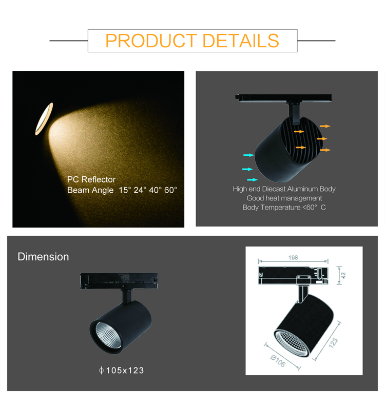 High Quality no flicker driver Dimming  Ra80 COB track Spot Light 30w 40w Track rail Lighting
