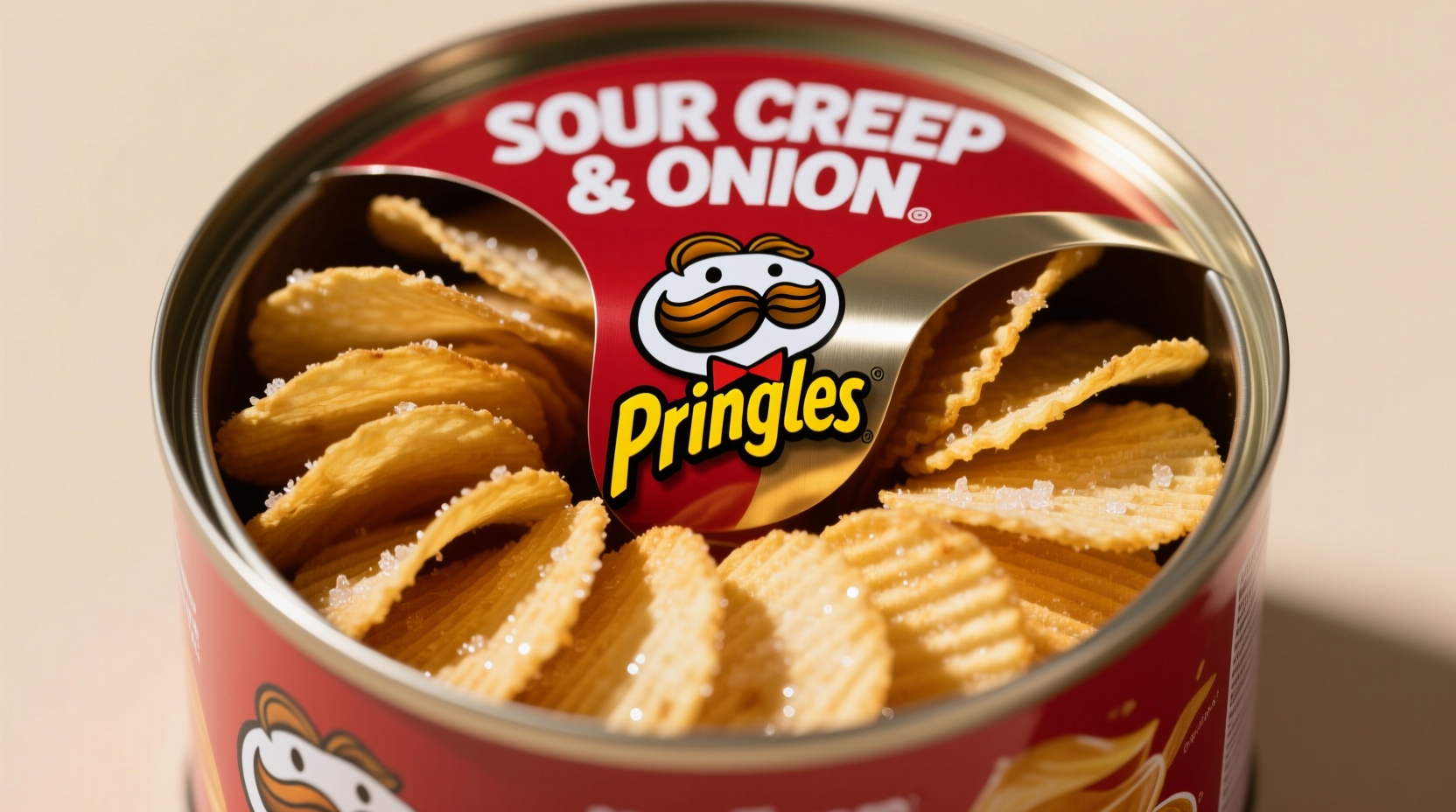 Sour cream and onion Pringles can with chips arranged