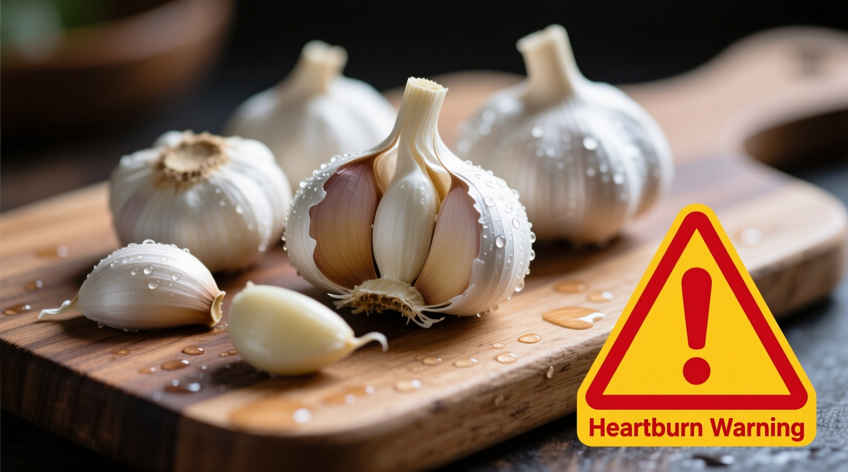 Garlic cloves on cutting board with heartburn warning symbol