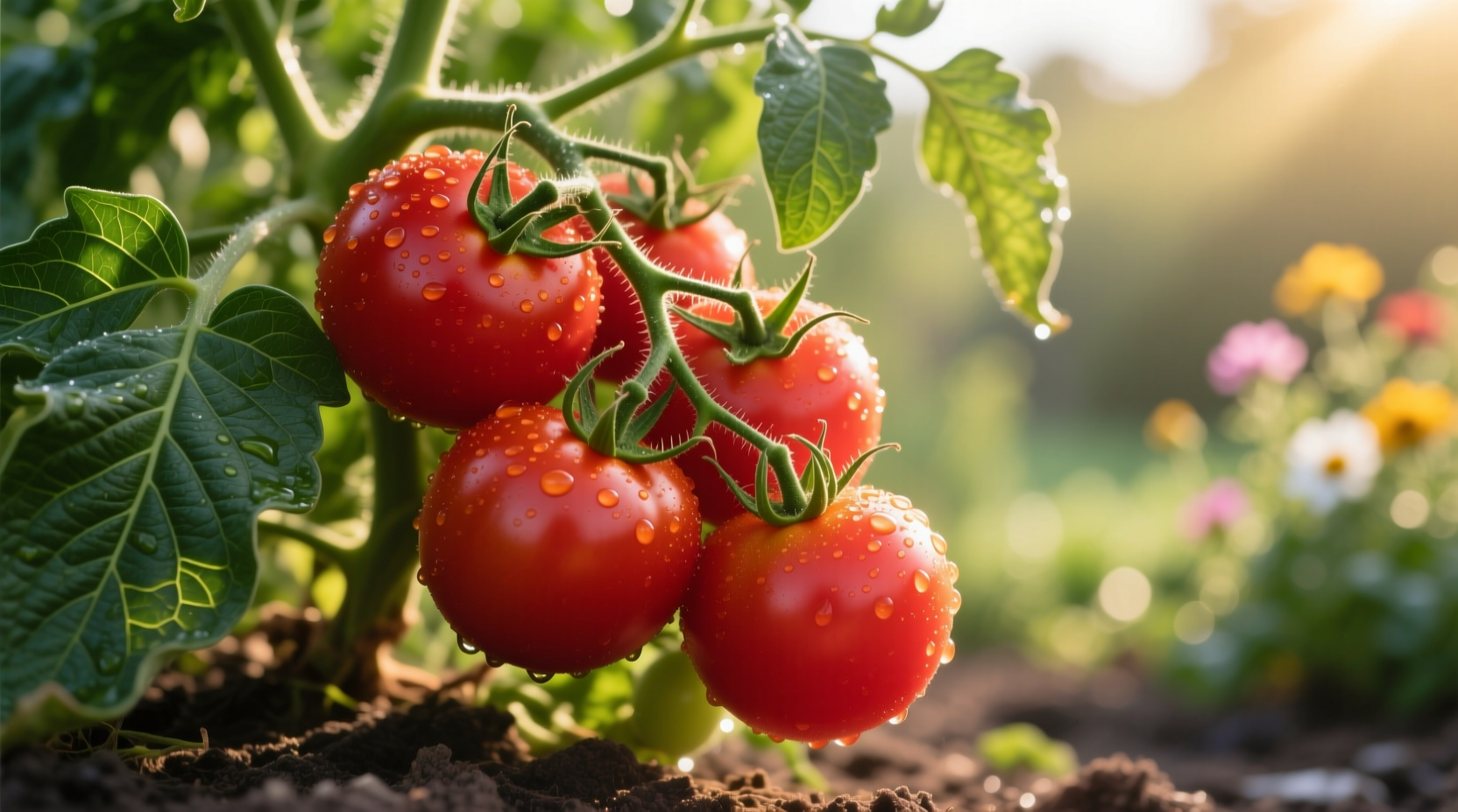 Ripe Valencia tomatoes on vine with green leaves