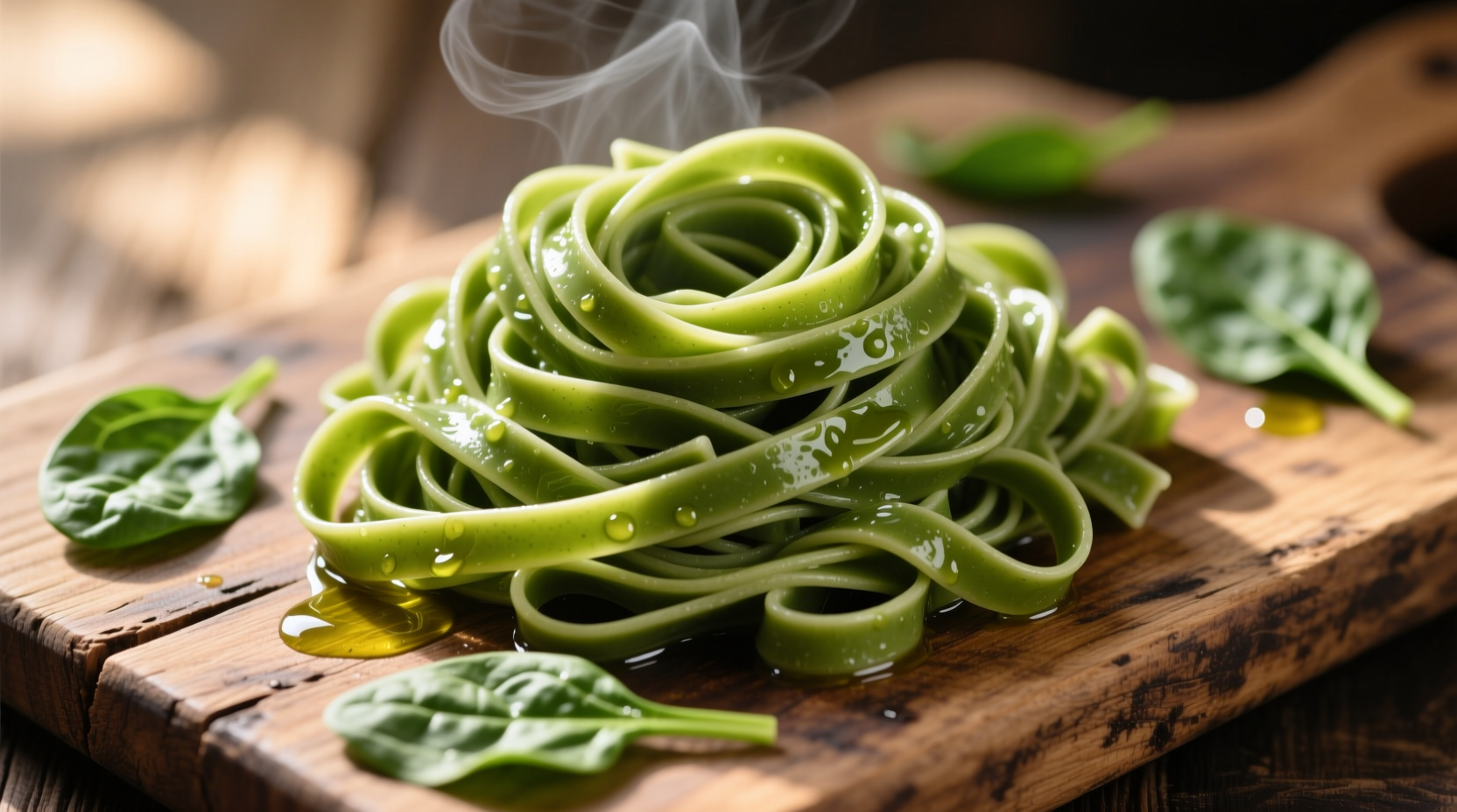 Fresh spinach fettuccine on wooden board