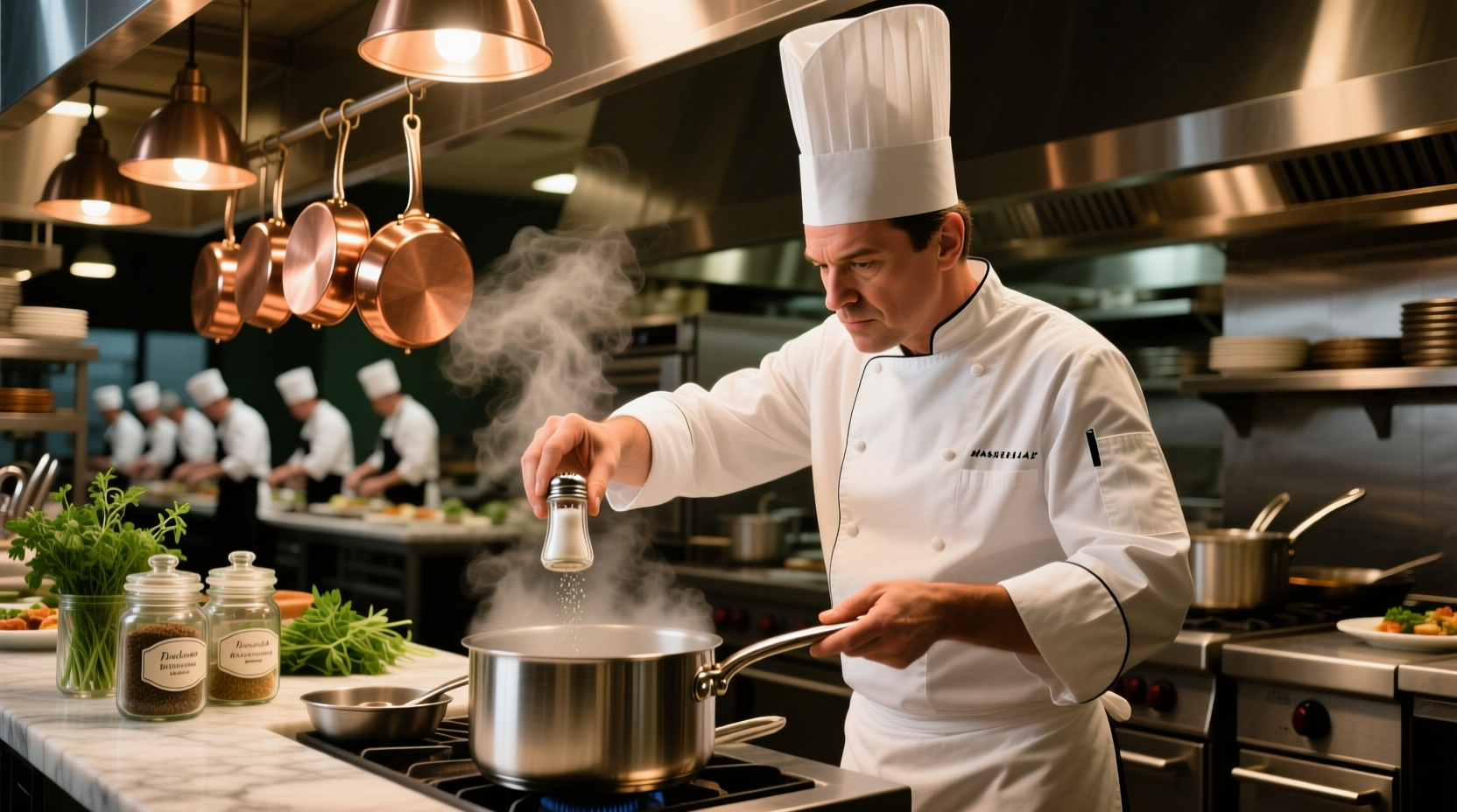 Chef adjusting seasoning in professional kitchen