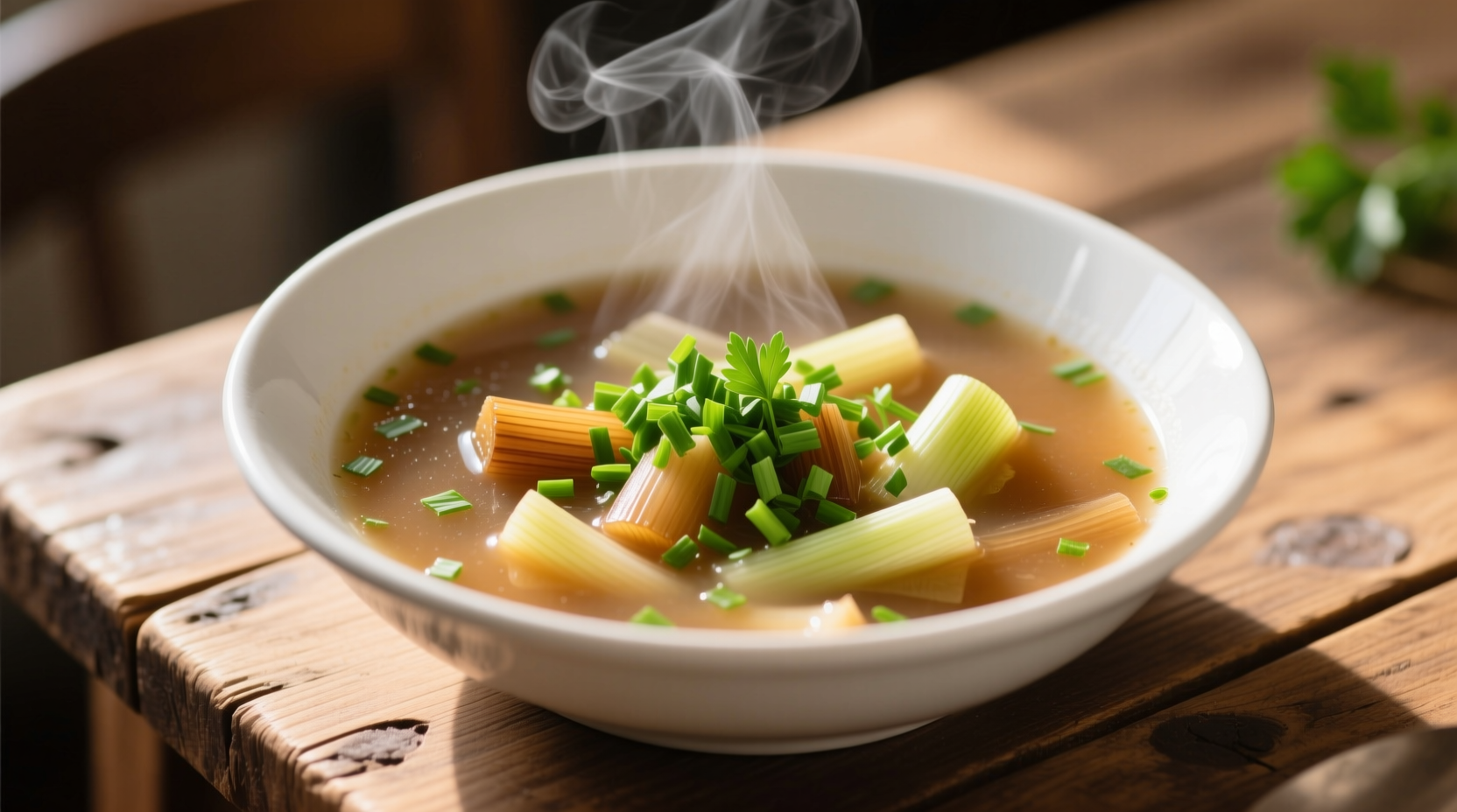 Homemade leek soup in white bowl with fresh herbs