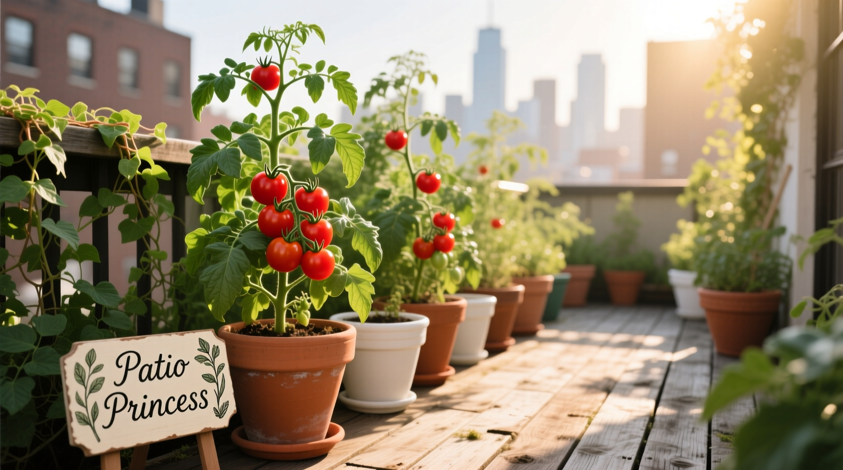 Container tomato garden with thriving Patio Princess plants