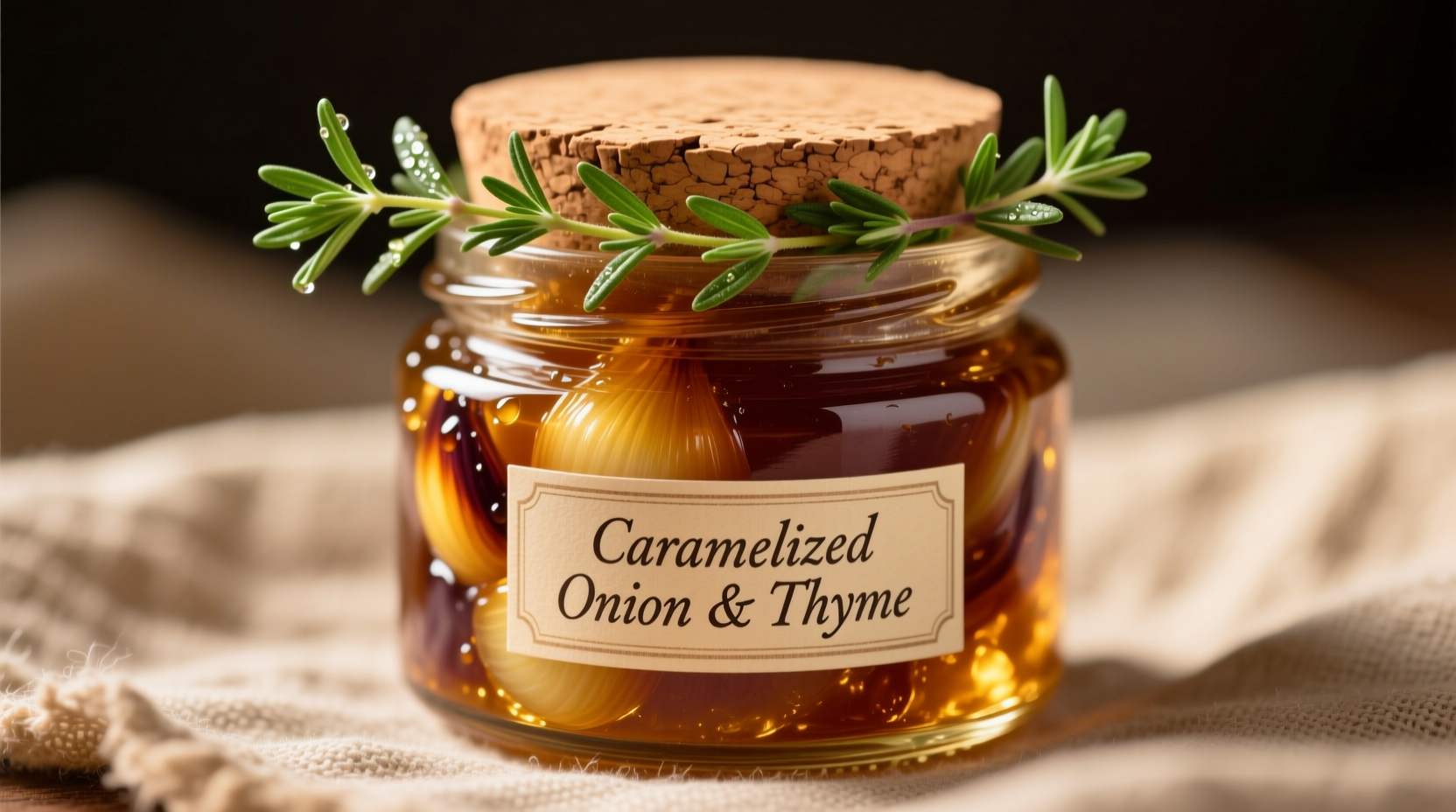 Golden caramelized onion jam in glass jar with fresh thyme