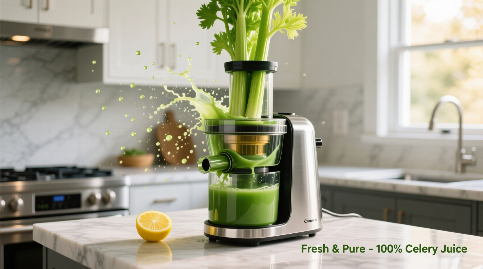 Fresh celery stalks being juiced in kitchen