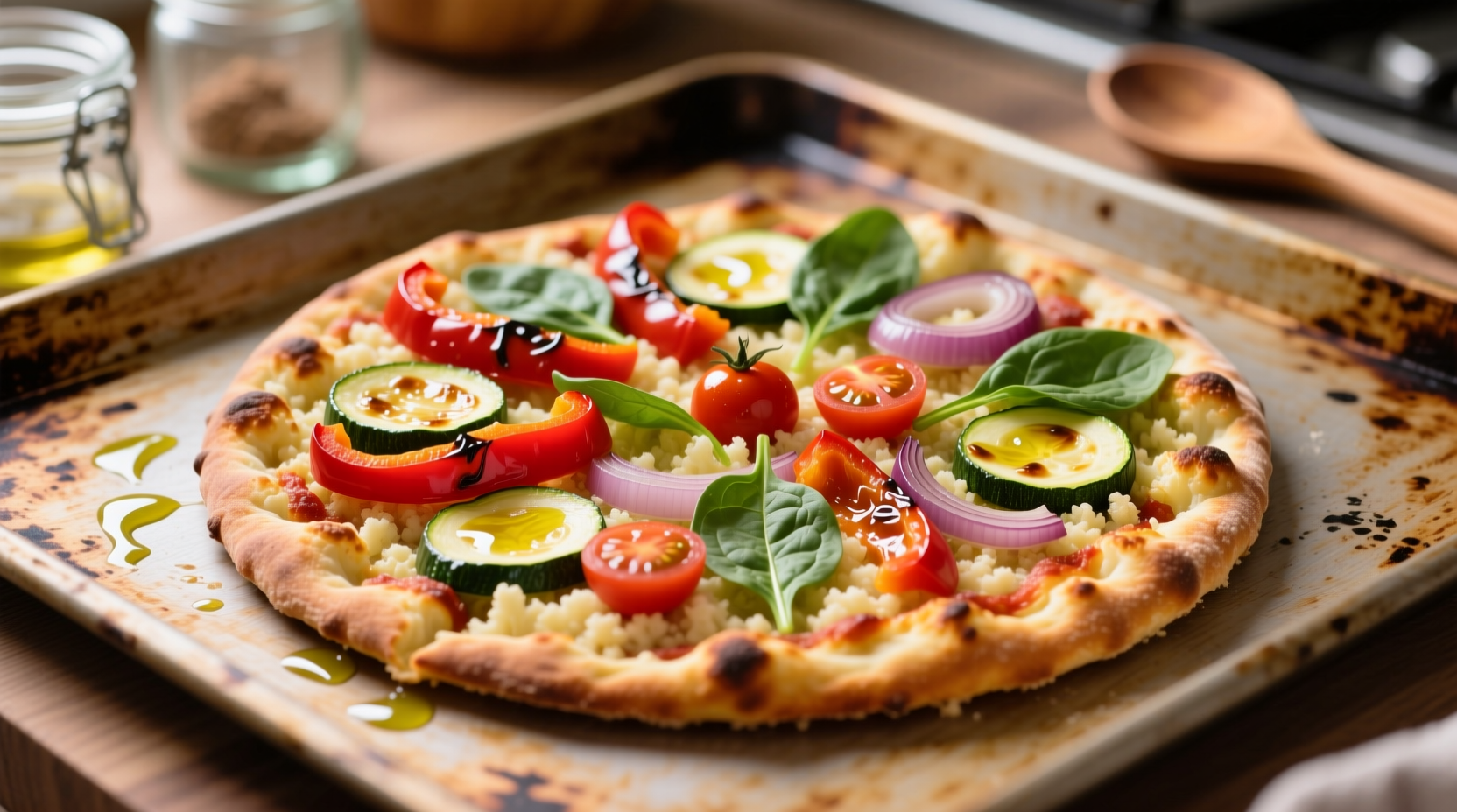 Homemade cauliflower pizza with vegetable toppings on baking sheet