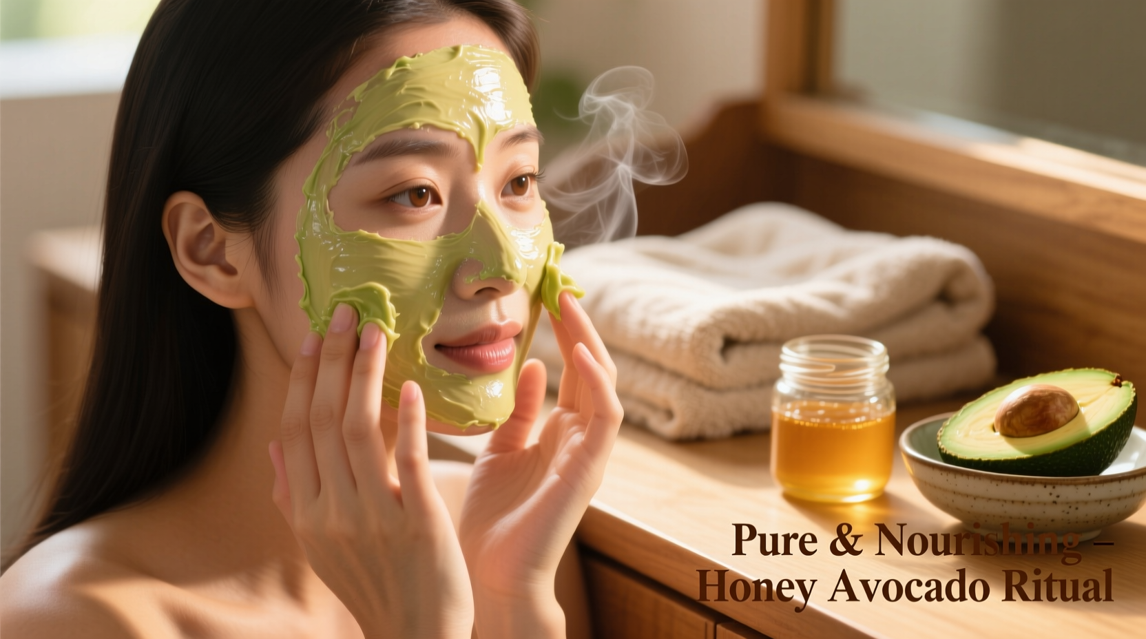 Woman applying honey avocado facial mask