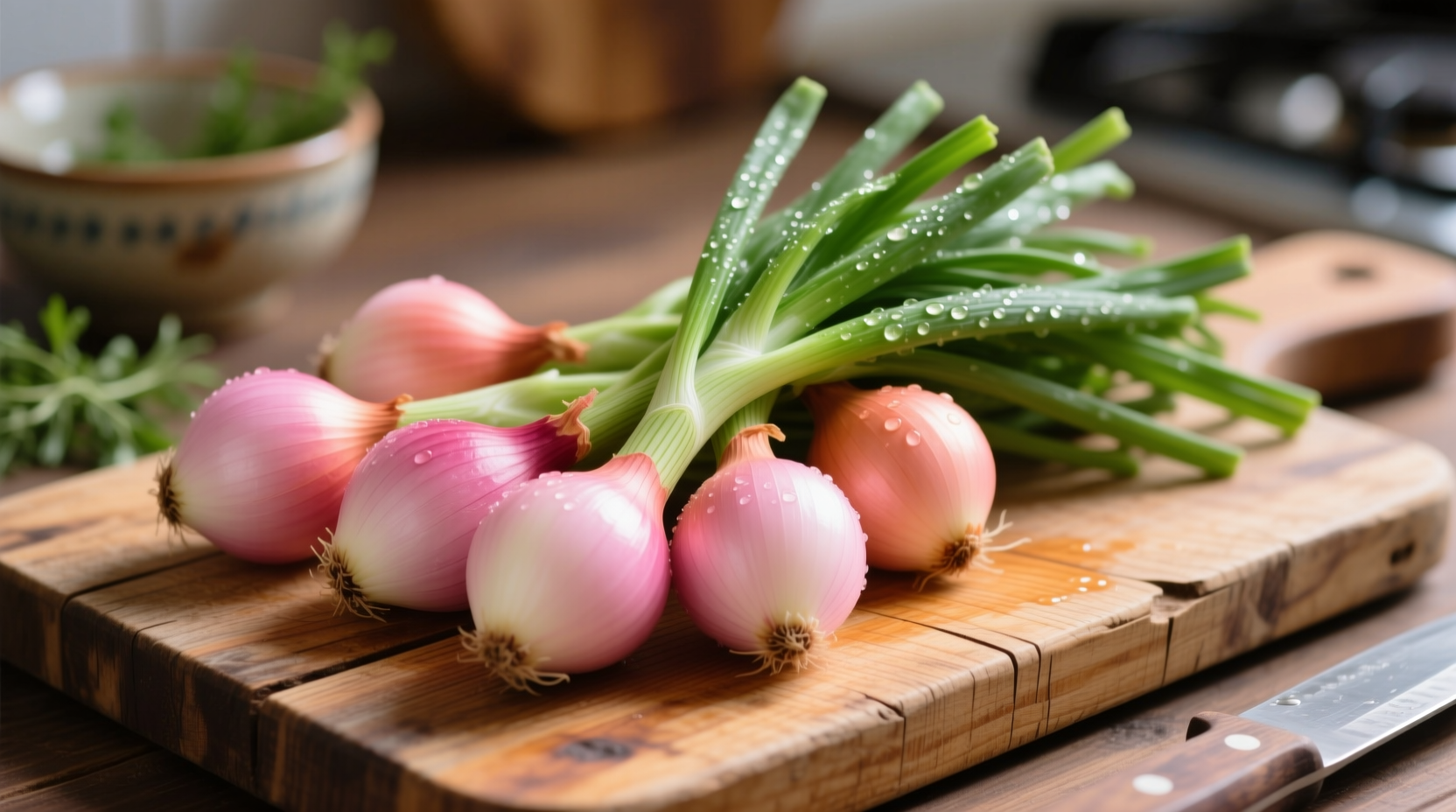 Fresh pink onions with green tops on wooden cutting board
