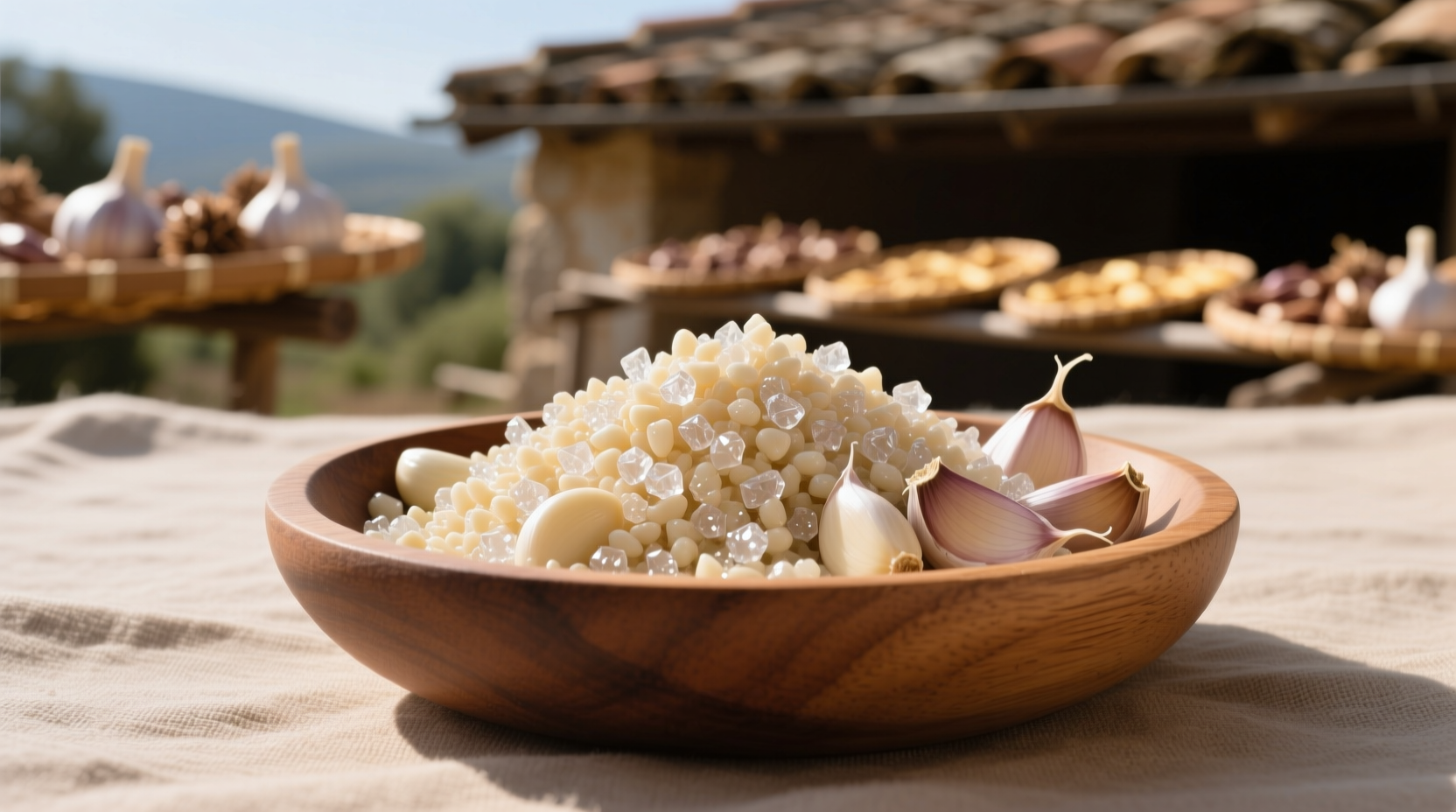 Traditional sun-drying trays holding coarsely chopped garlic in a Mediterranean farm setting