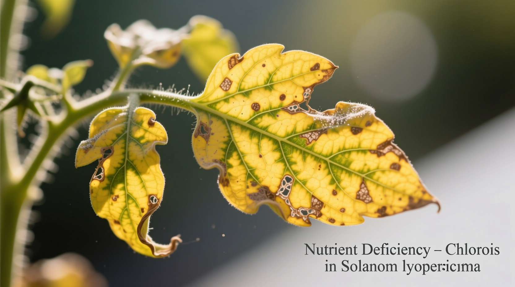 Close-up of yellowing tomato plant leaves showing nutrient deficiency