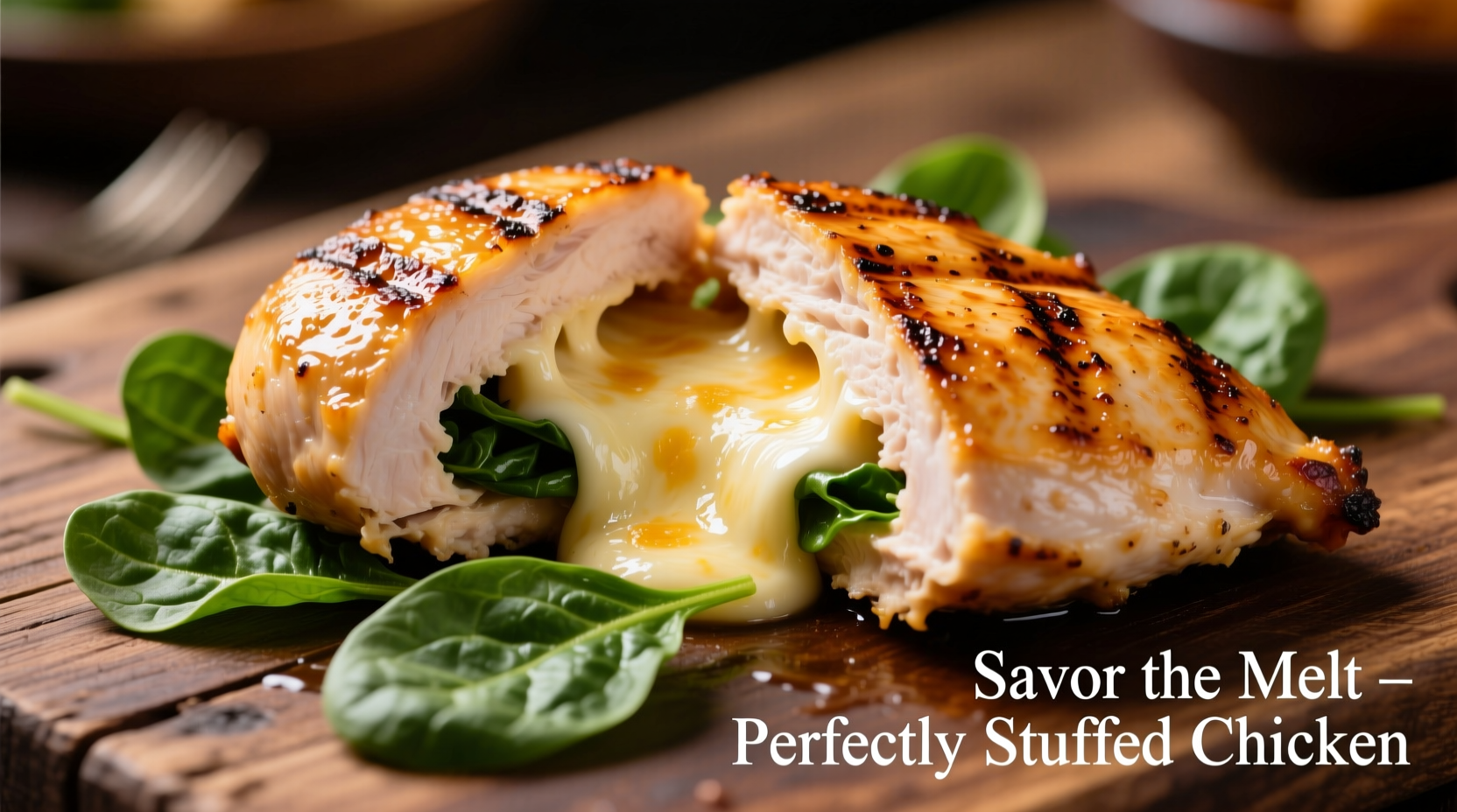 Perfectly sliced spinach mozzarella stuffed chicken with melted cheese center