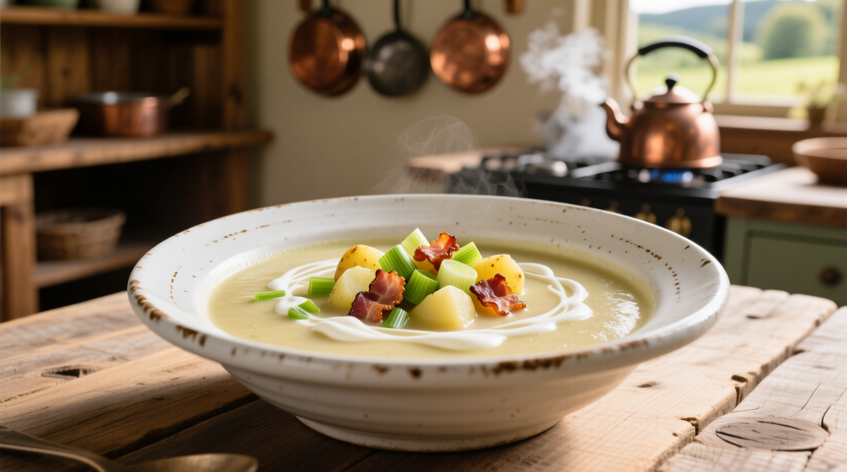 Creamy potato bacon leek soup in white bowl