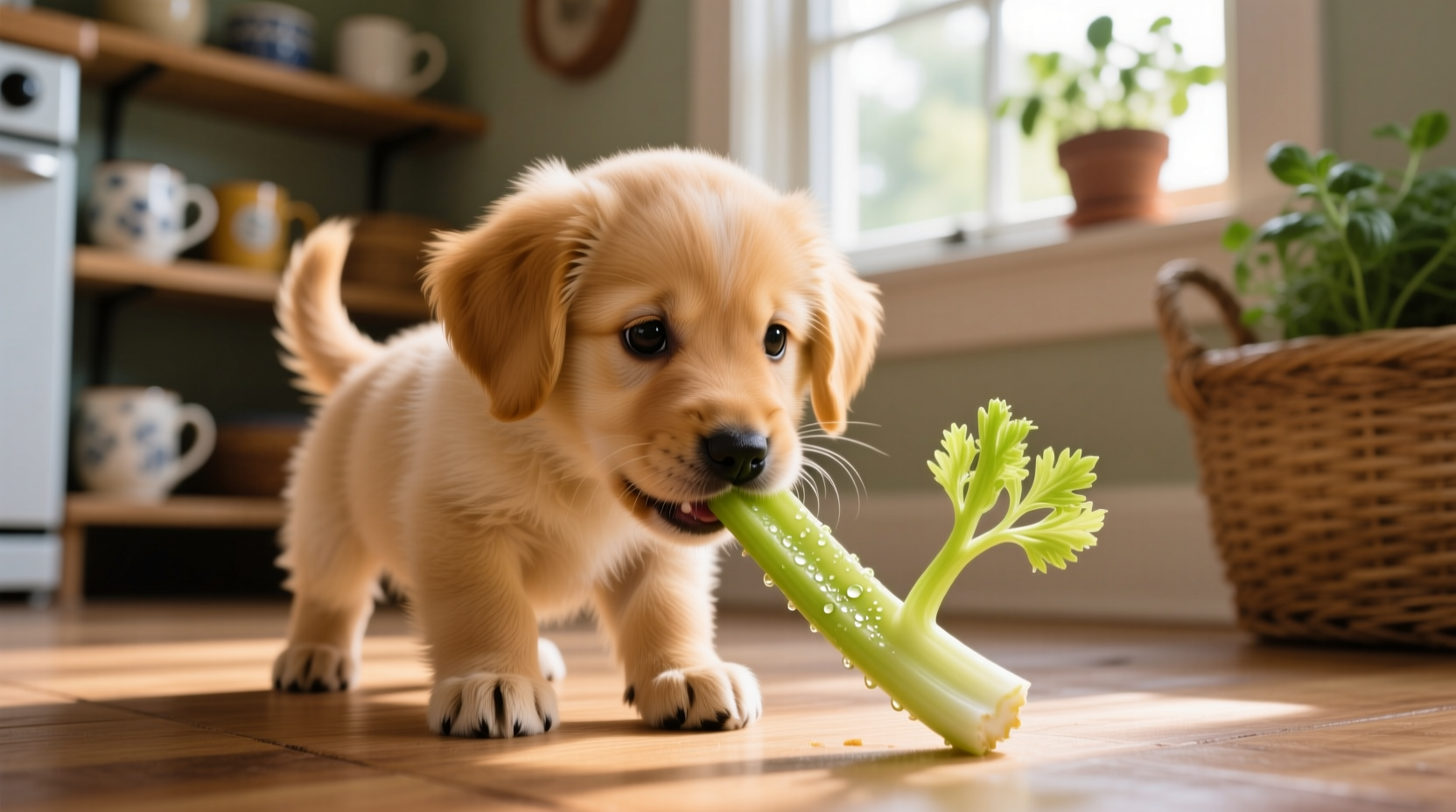 Puppy carefully eating small piece of celery