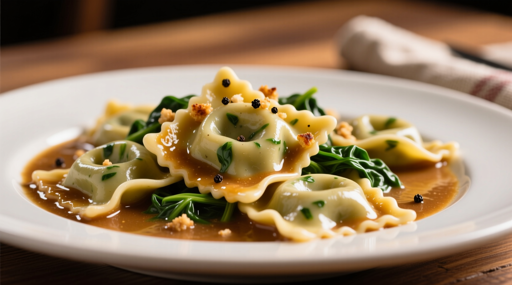 Perfectly cooked spinach tortellini in golden brown butter sauce