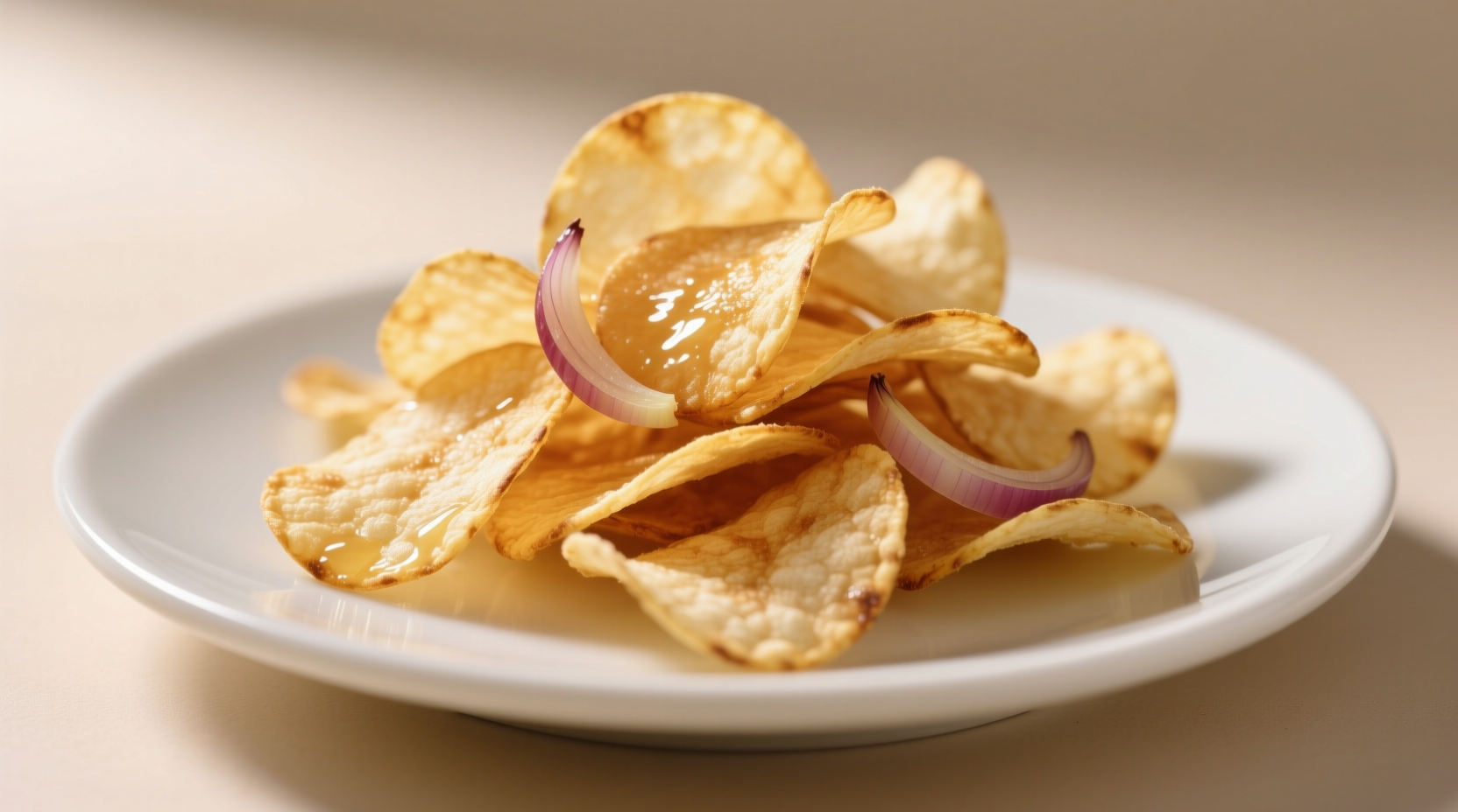 Crispy golden onion chips on white plate
