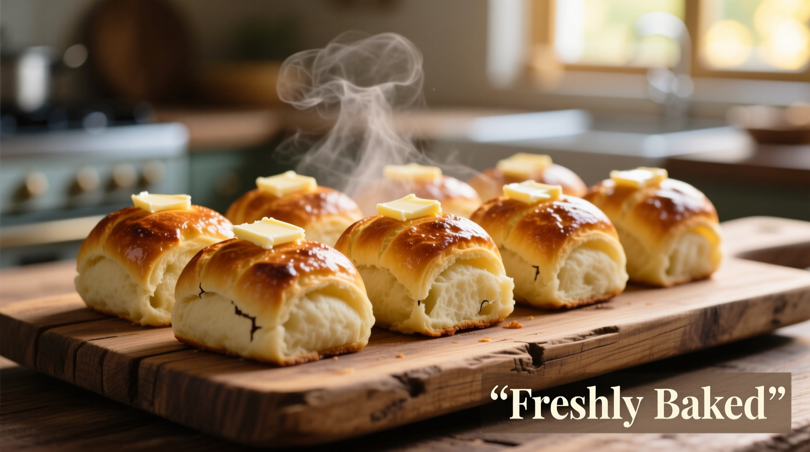 Freshly baked golden potato rolls on wooden board