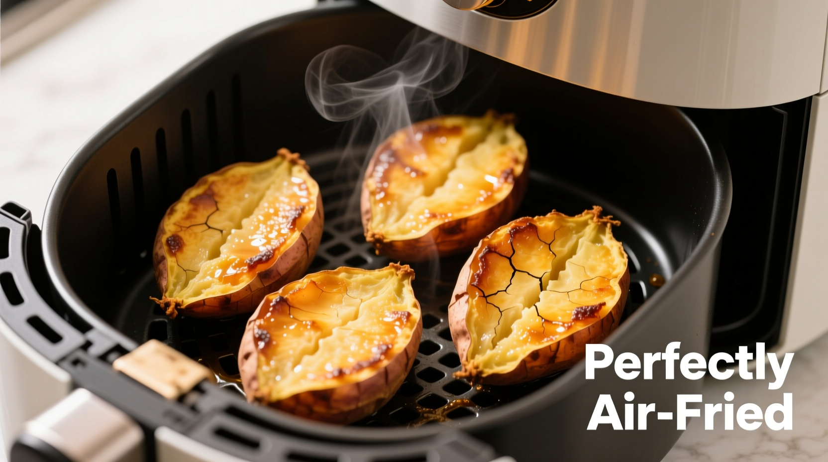 Perfectly cooked sweet potato halves in air fryer basket