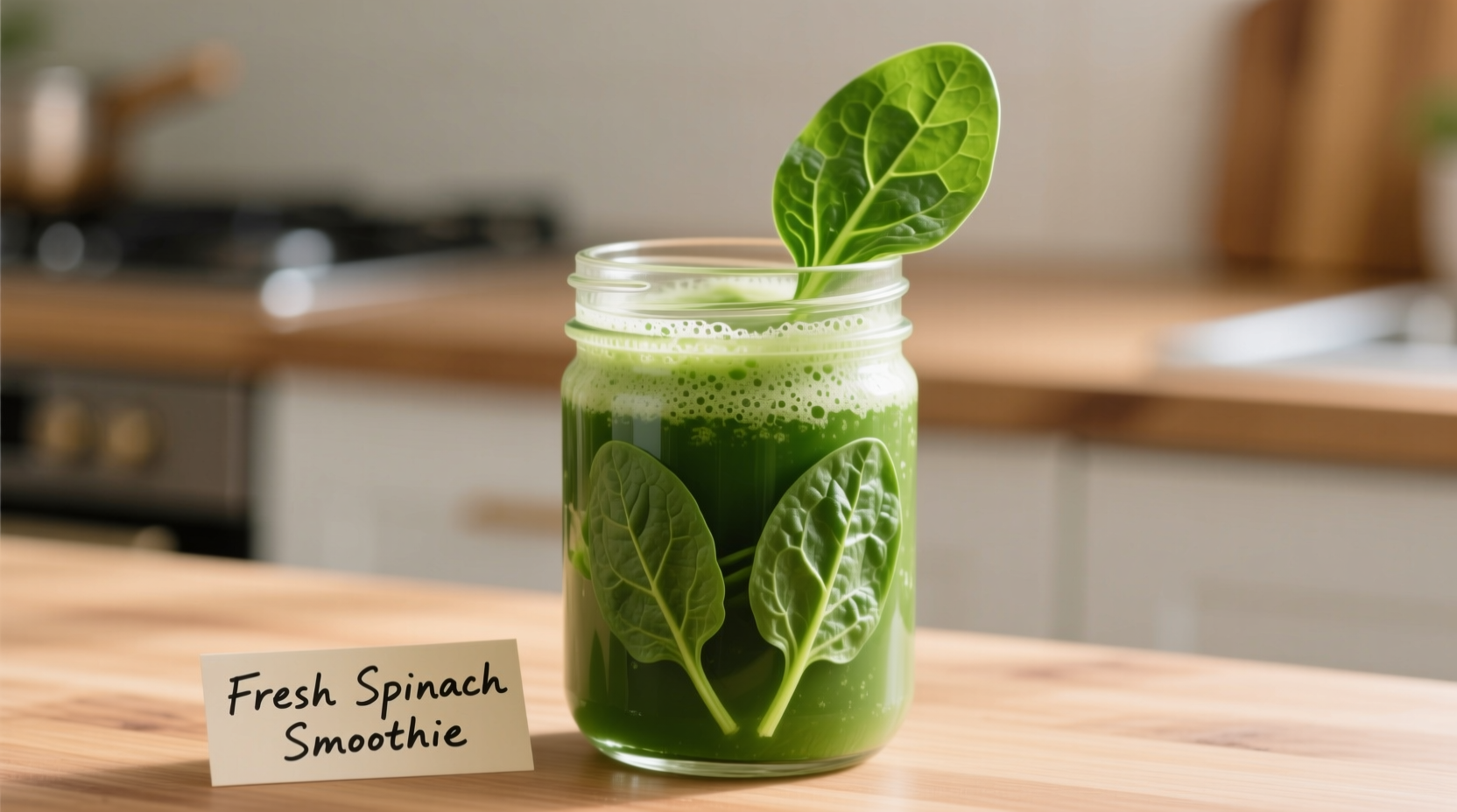Fresh green spinach smoothie in glass with spinach leaves