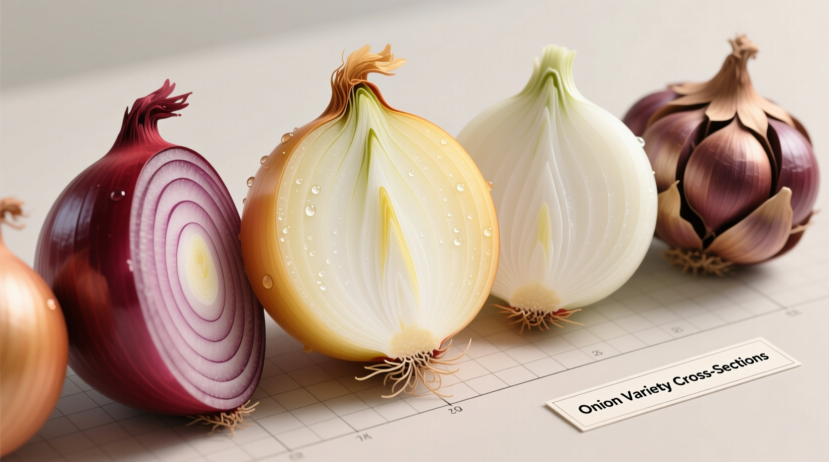 Cross-section of different onion bulb varieties