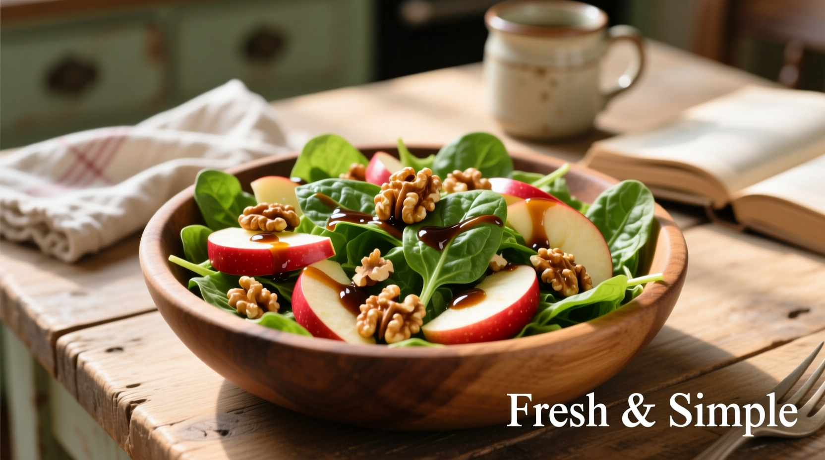 Fresh apple spinach salad with walnuts and vinaigrette