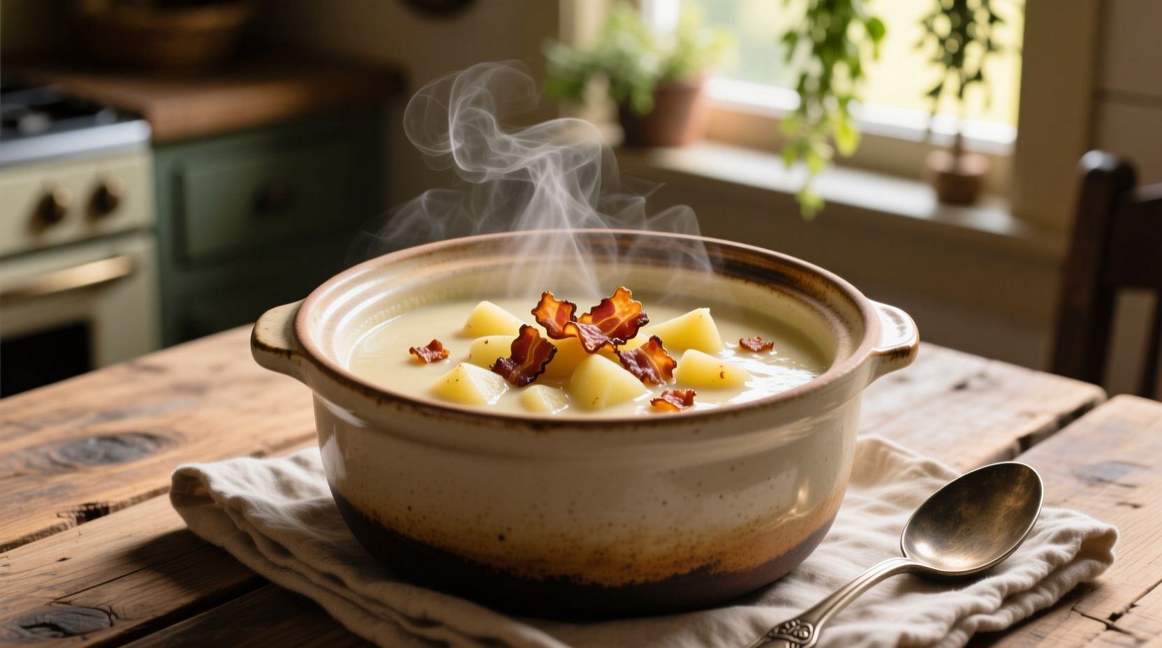 Creamy crockpot potato soup with bacon topping