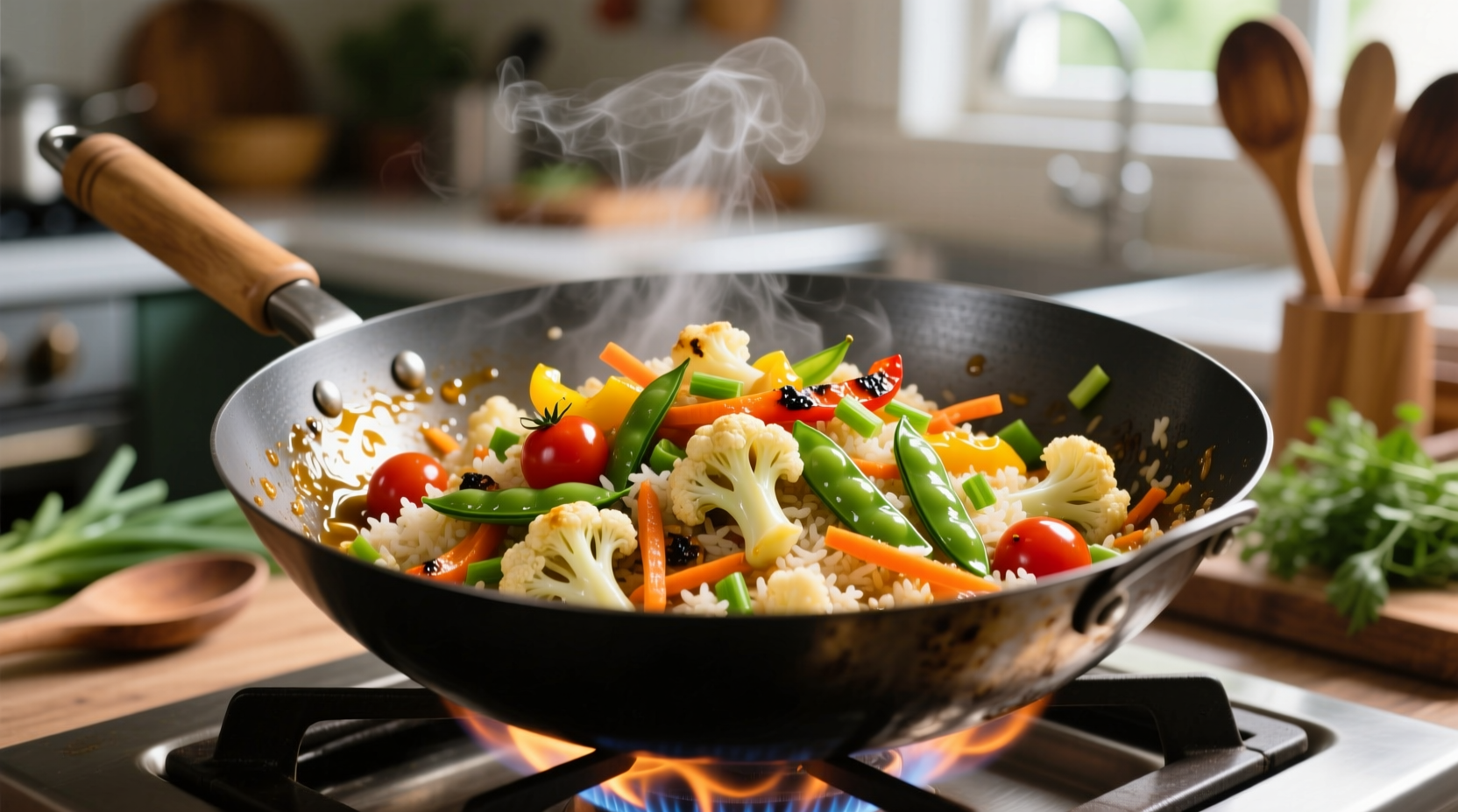 Cauliflower fried rice with colorful vegetables in wok