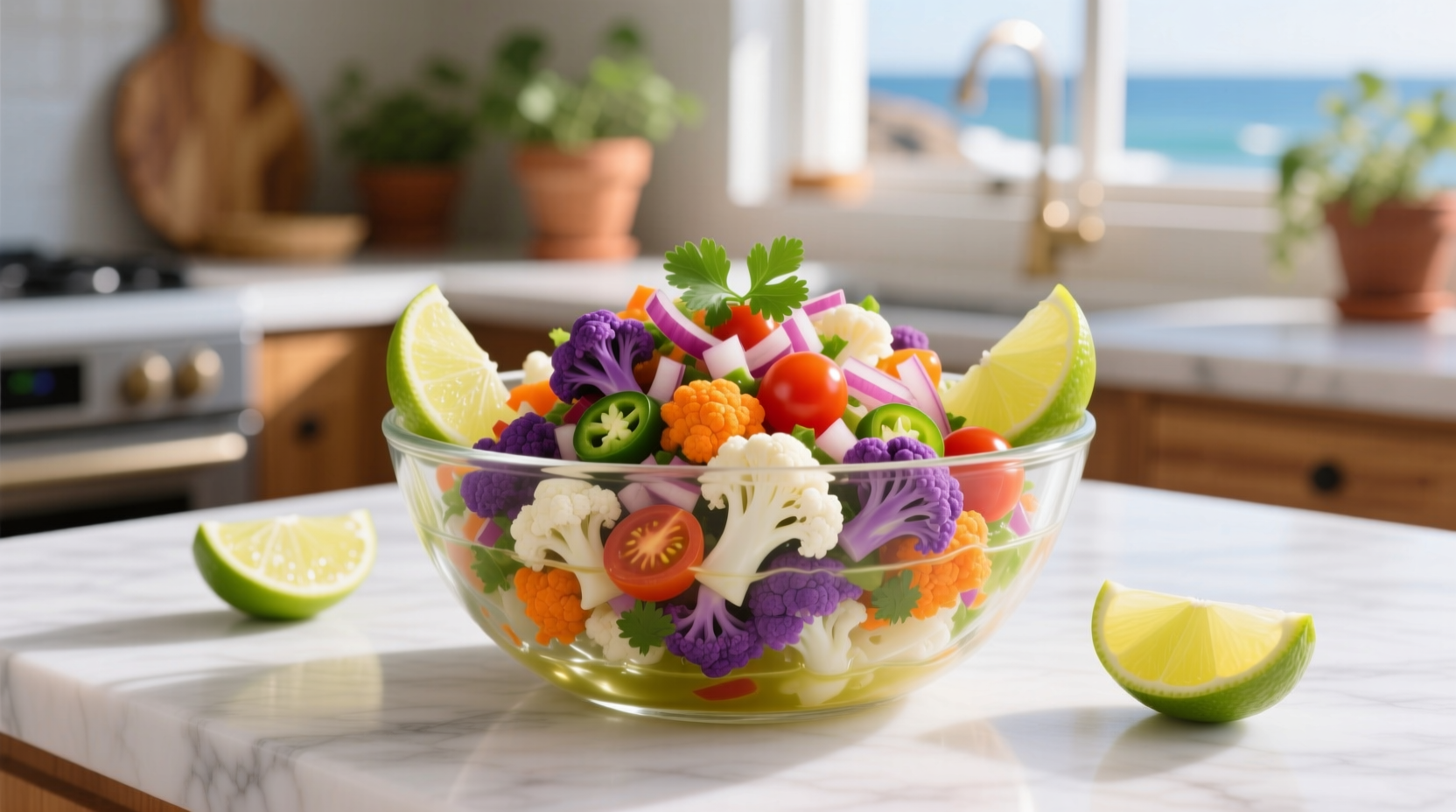 Colorful cauliflower ceviche in glass bowl with lime wedges
