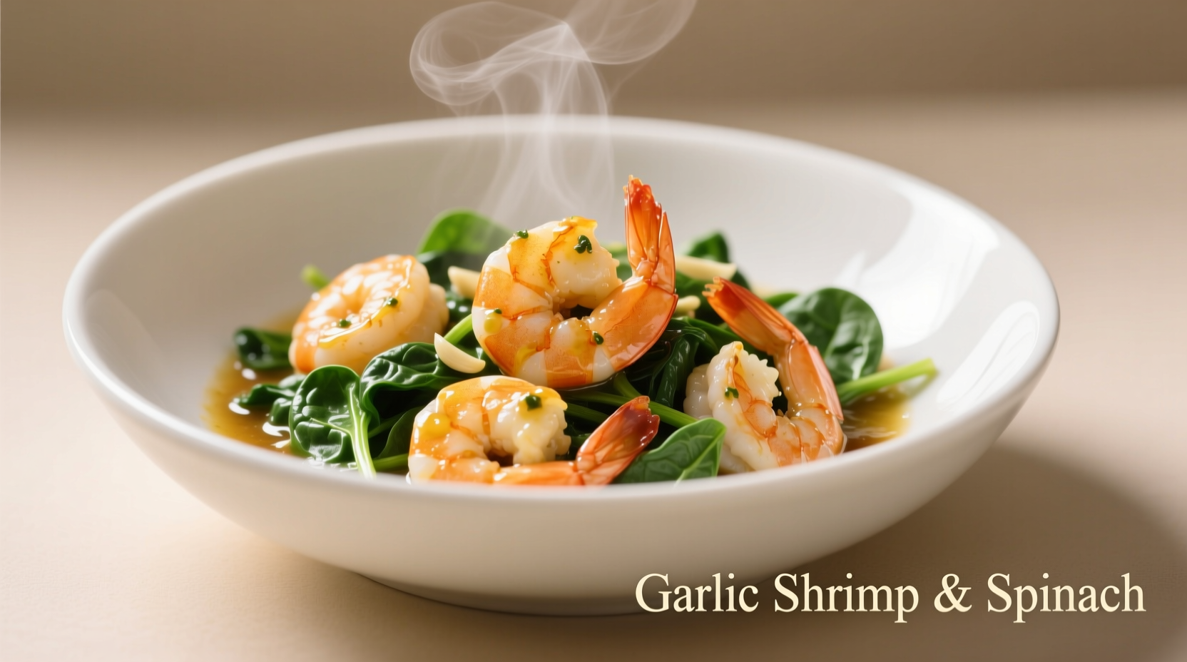 Garlic shrimp with spinach in white bowl