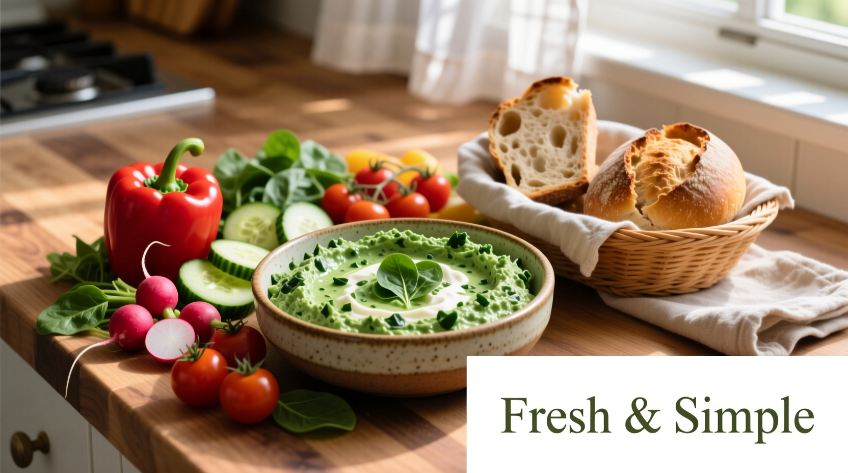 Freshly prepared spinach dip with vegetables and bread