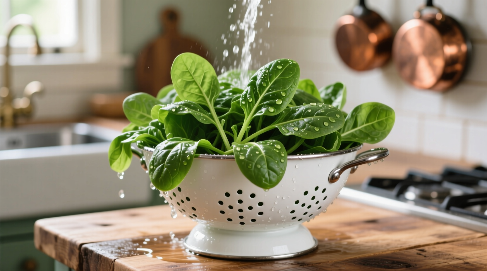 Fresh baby spinach in colander after washing