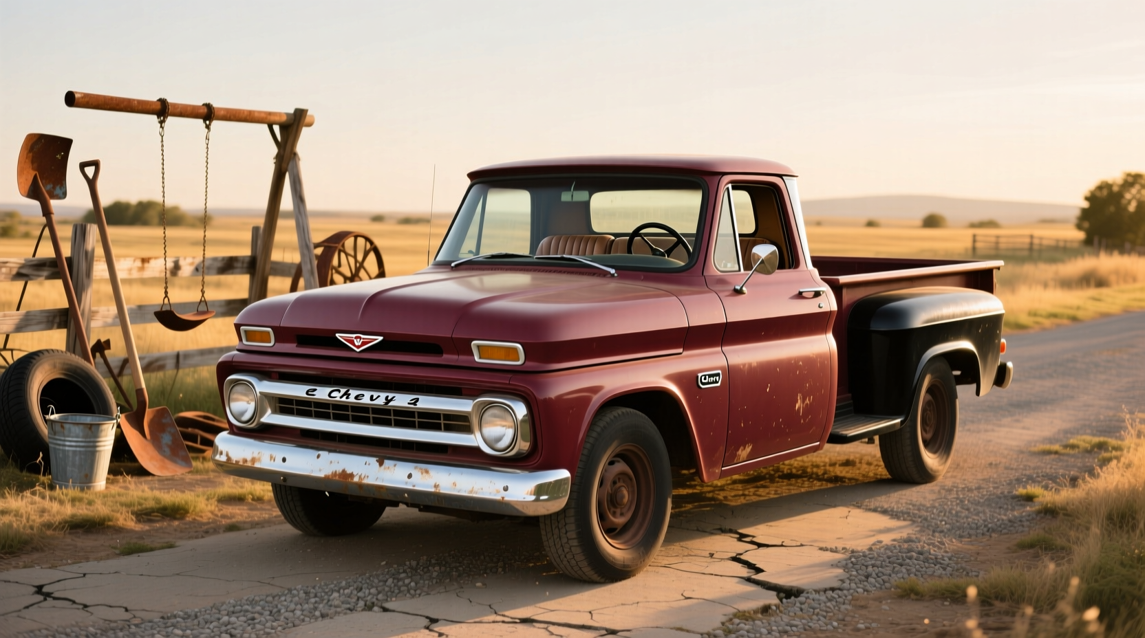 Side view of a restored 1964 Chevy C-10 step-side pickup on paved road