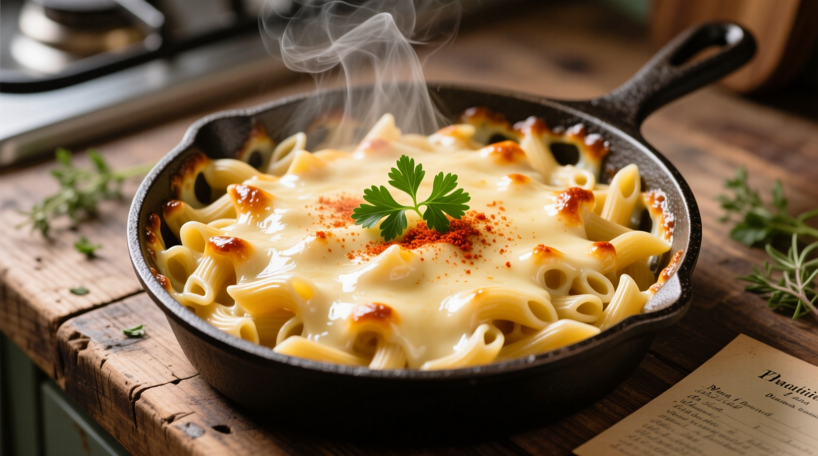 Creamy garlic macaroni cheese in cast iron dish