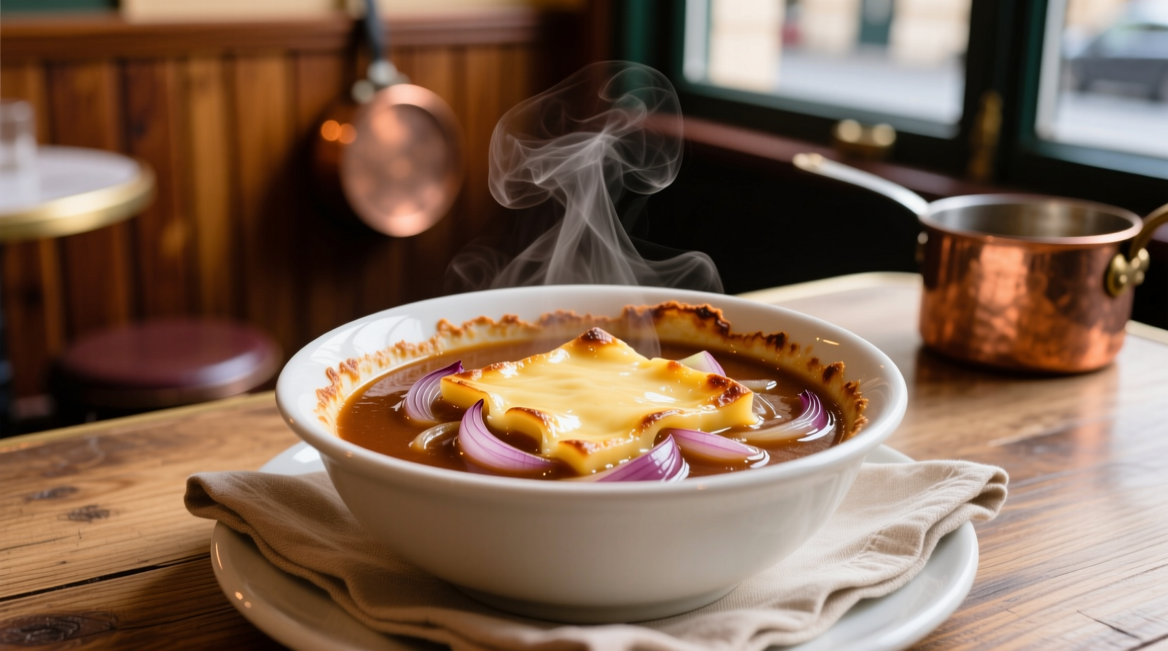 Rich brown French onion soup in white bowl with melted cheese