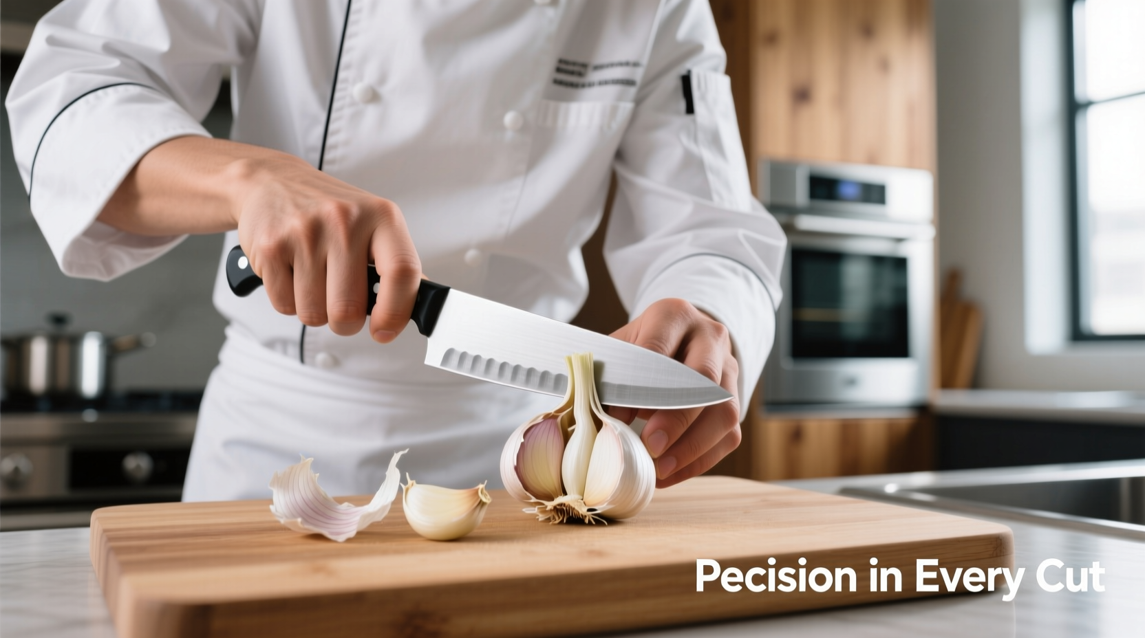 Professional chef removing garlic core with paring knife